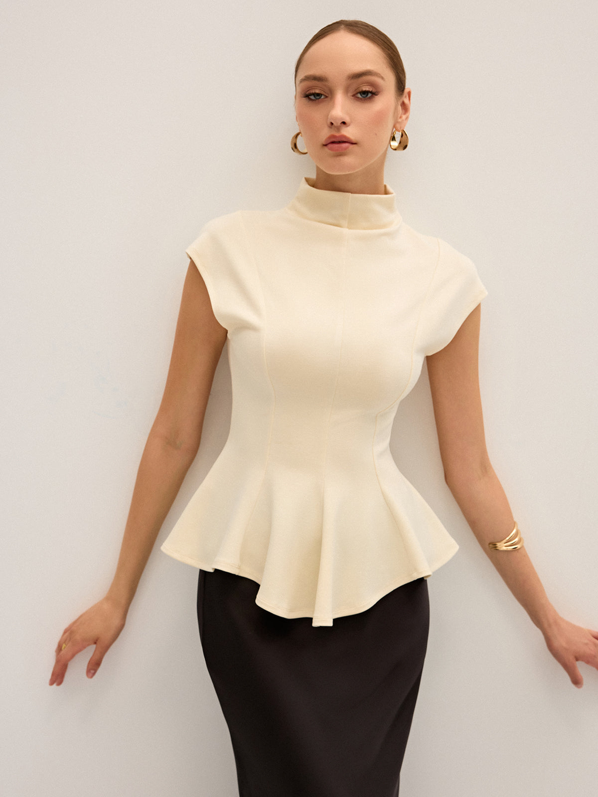 Mock Neck Cap Sleeve Peplum Top-Chicvia