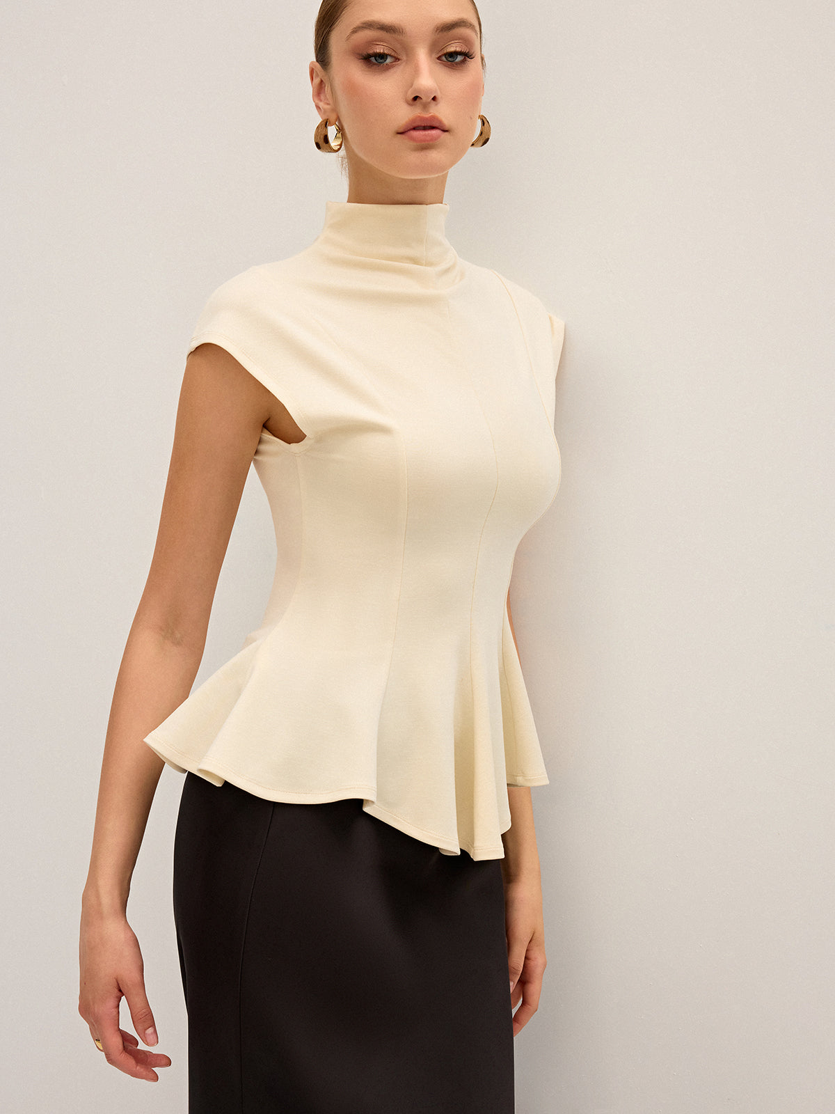 Mock Neck Cap Sleeve Peplum Top-Chicvia