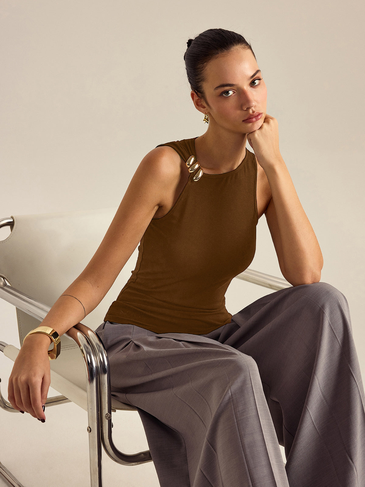 Metal Decor Sleeveless Top-Chicvia