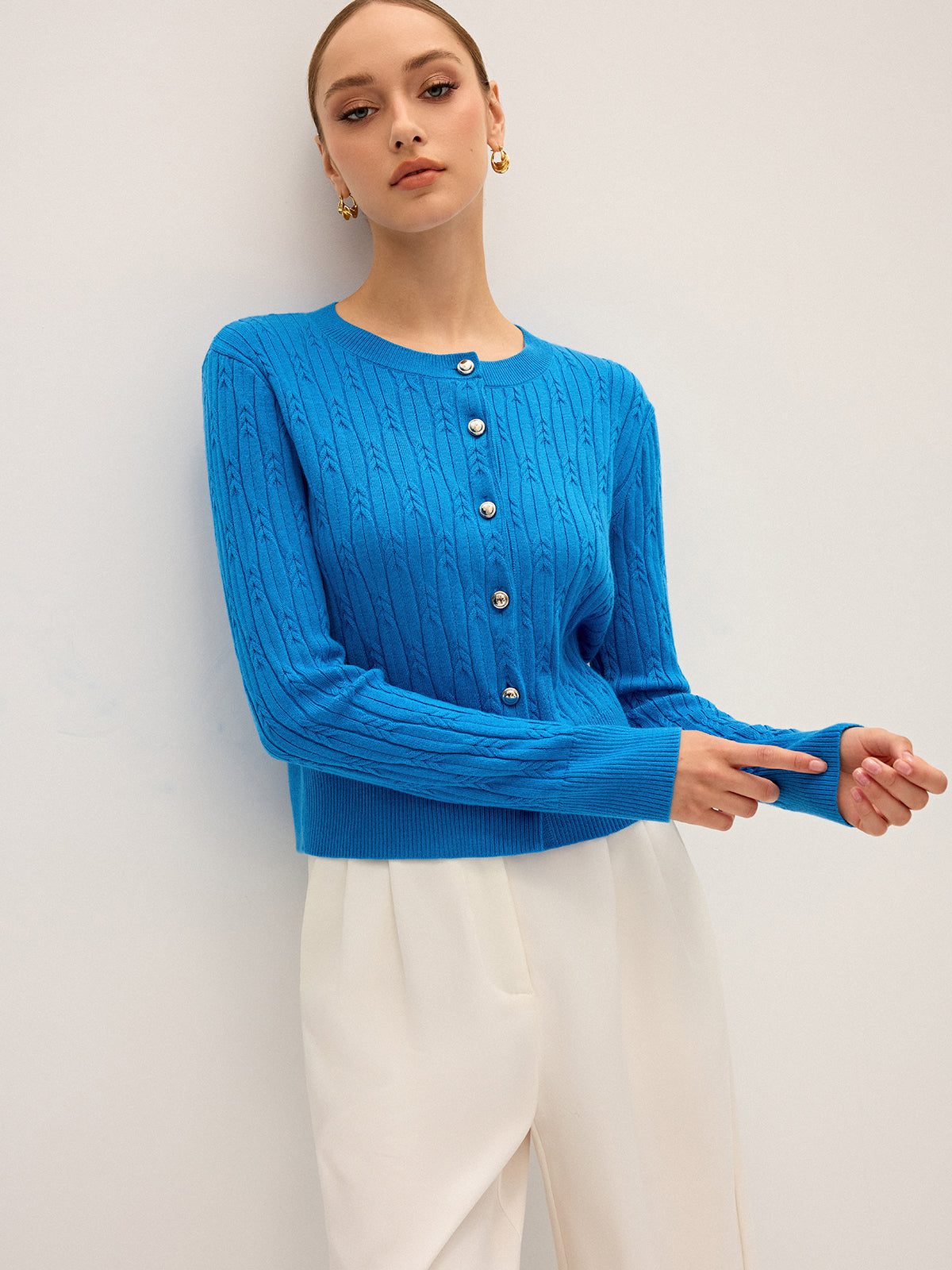 Cable Knit Wool Blend Cardigan-Chicvia