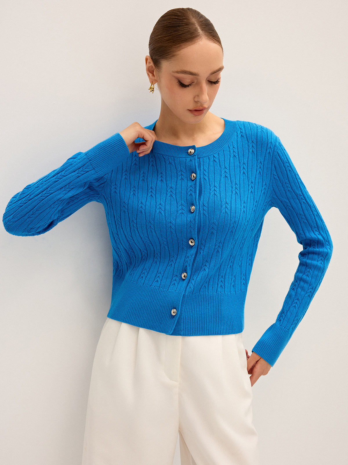 Cable Knit Wool Blend Cardigan-Chicvia