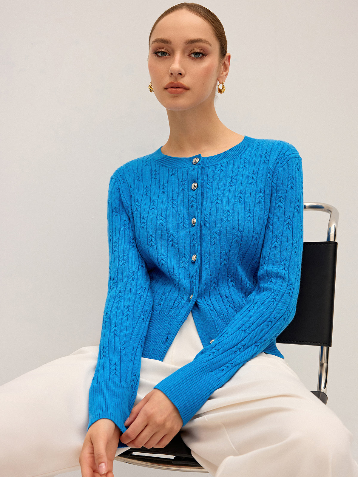 Cable Knit Wool Blend Cardigan-Chicvia