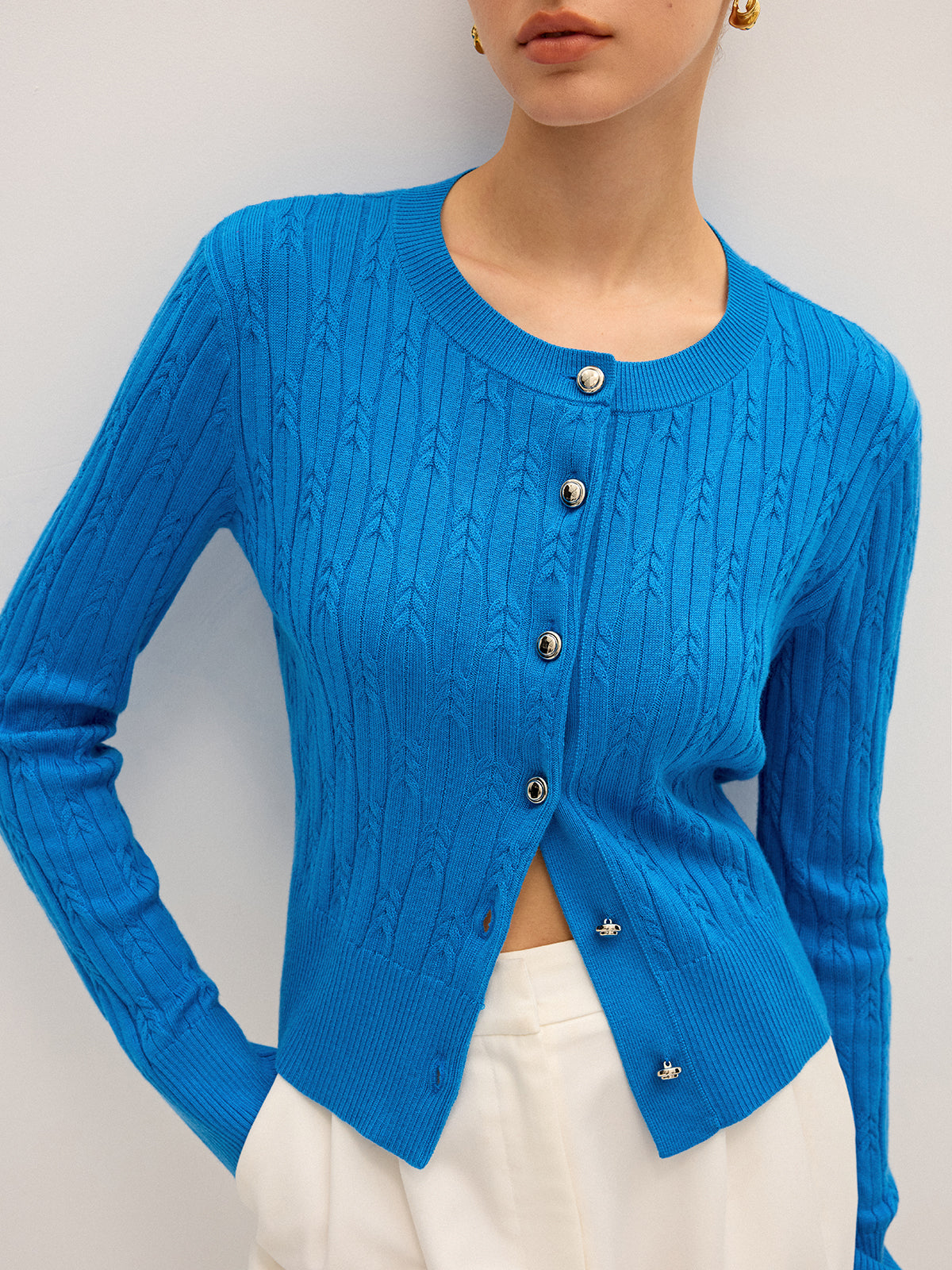 Cable Knit Wool Blend Cardigan-Chicvia