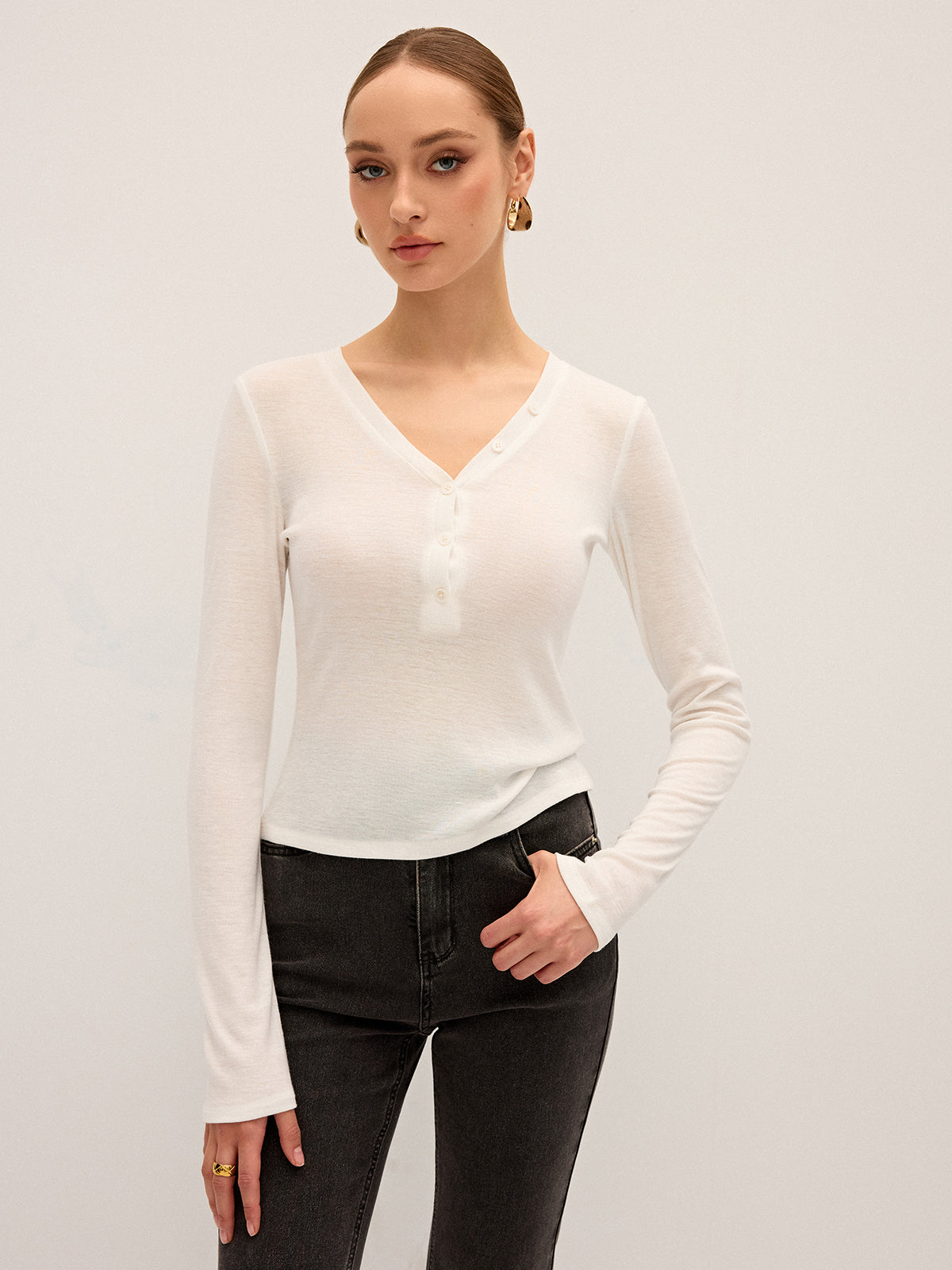 Long Sleeve V-Neck Button T-Shirt-Chicvia