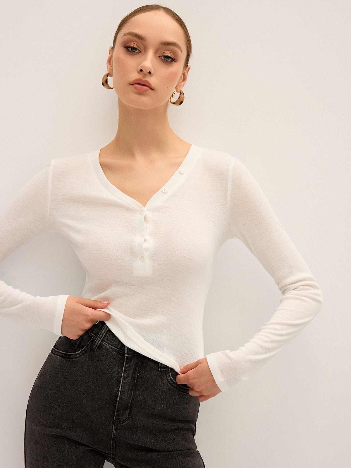 Long Sleeve V-Neck Button T-Shirt-Chicvia