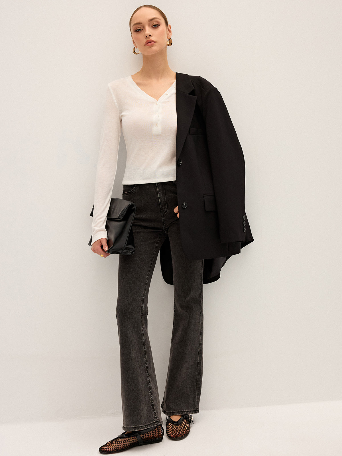 Long Sleeve V-Neck Button T-Shirt-Chicvia