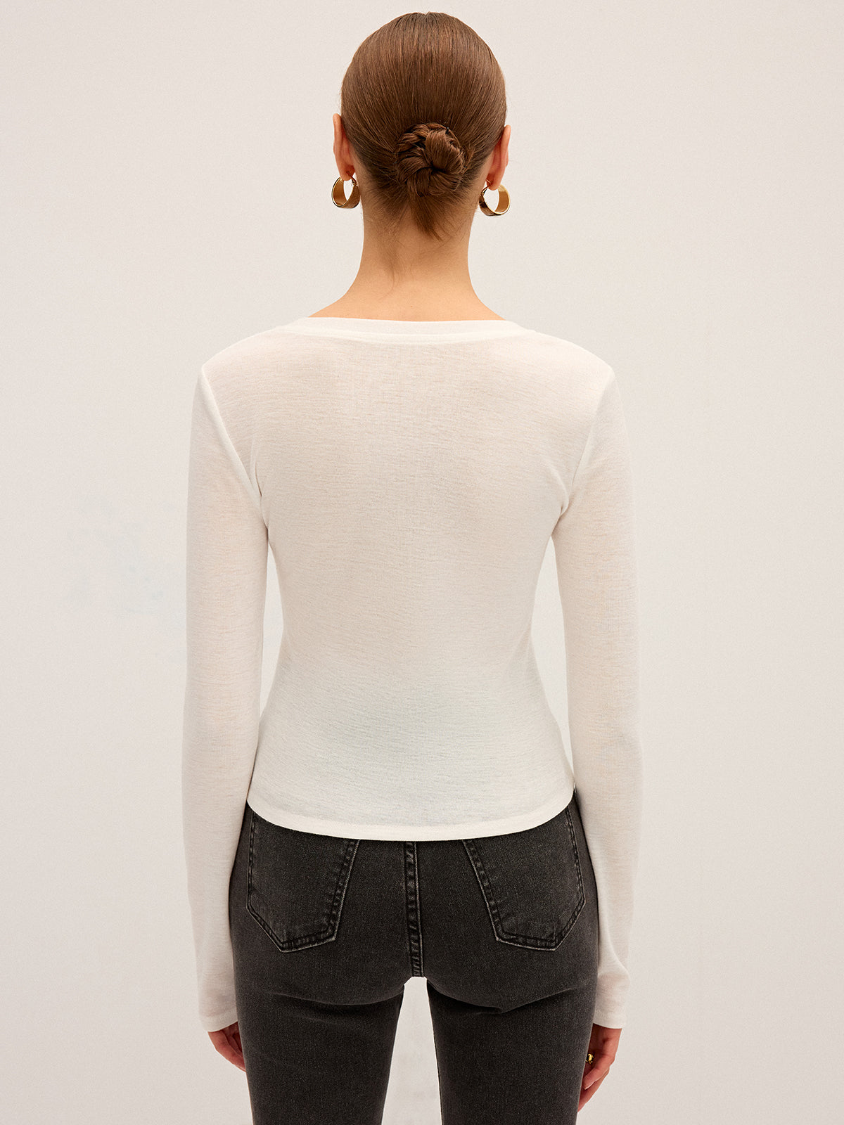 Long Sleeve V-Neck Button T-Shirt-Chicvia