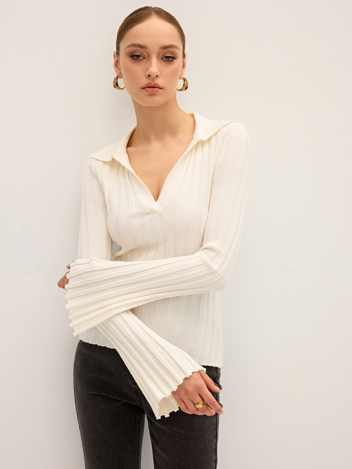 Flared Sleeve Collared Knit Top-Chicvia