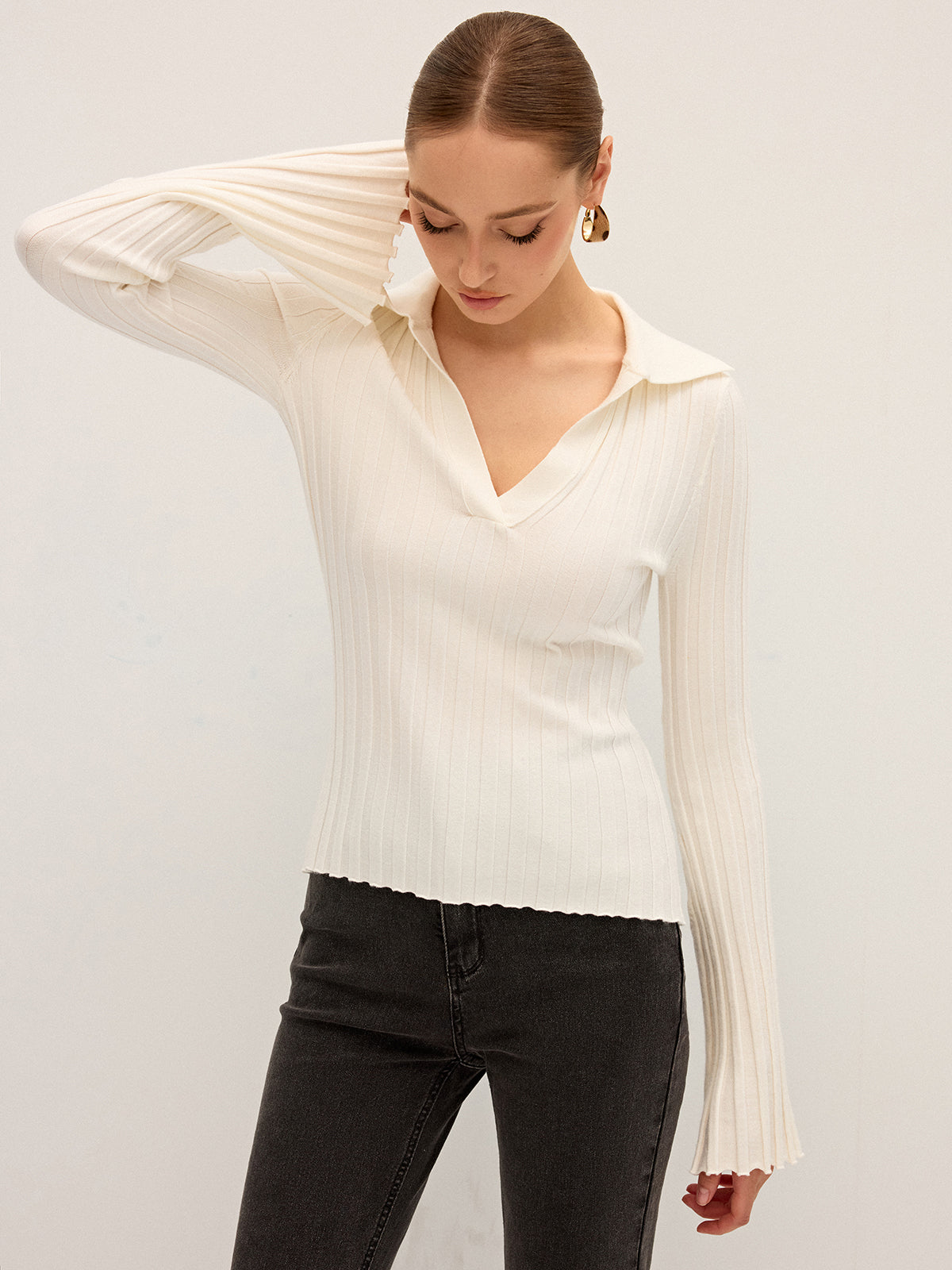 Flared Sleeve Collared Knit Top-Chicvia