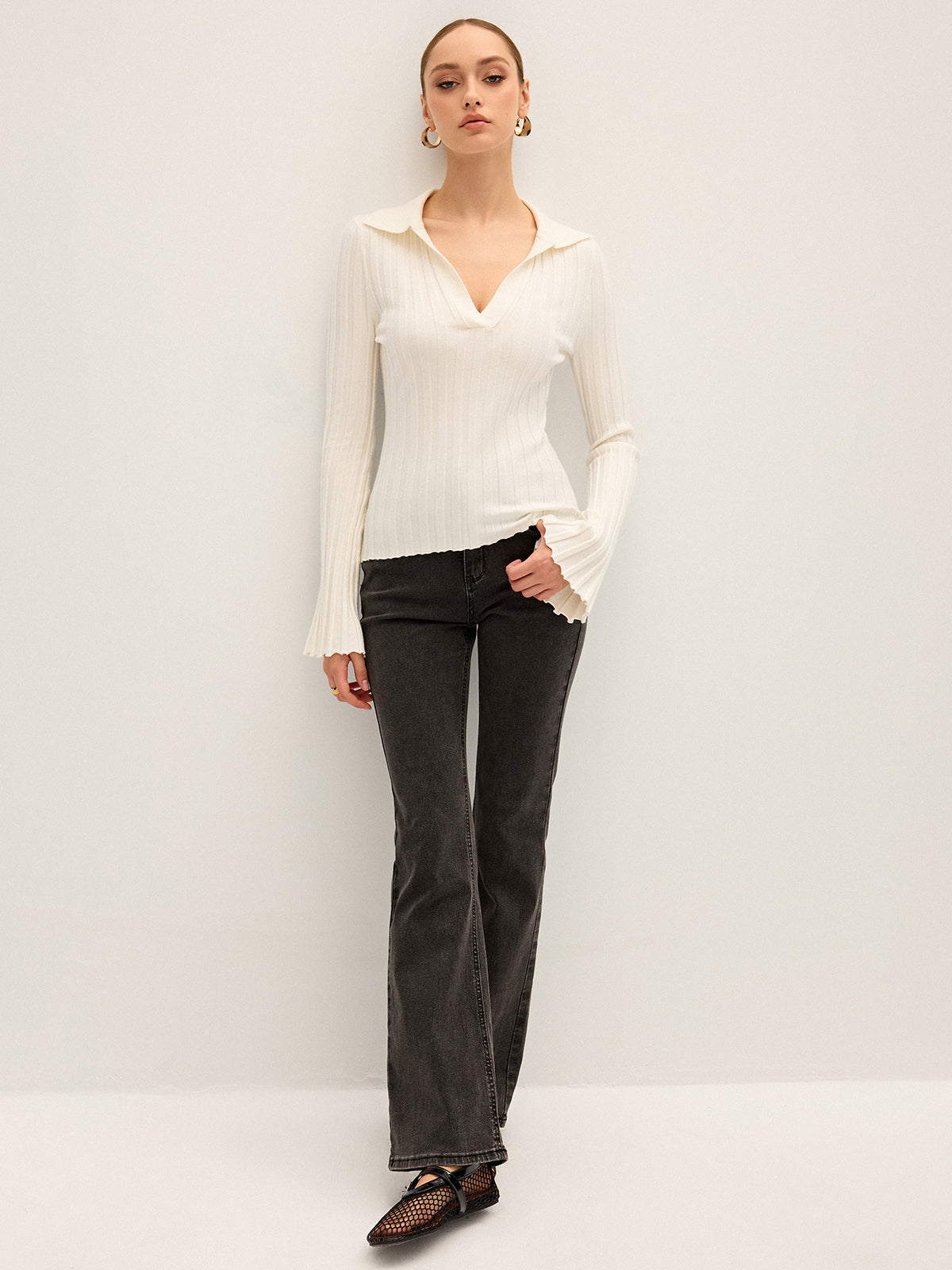 Flared Sleeve Collared Knit Top-Chicvia