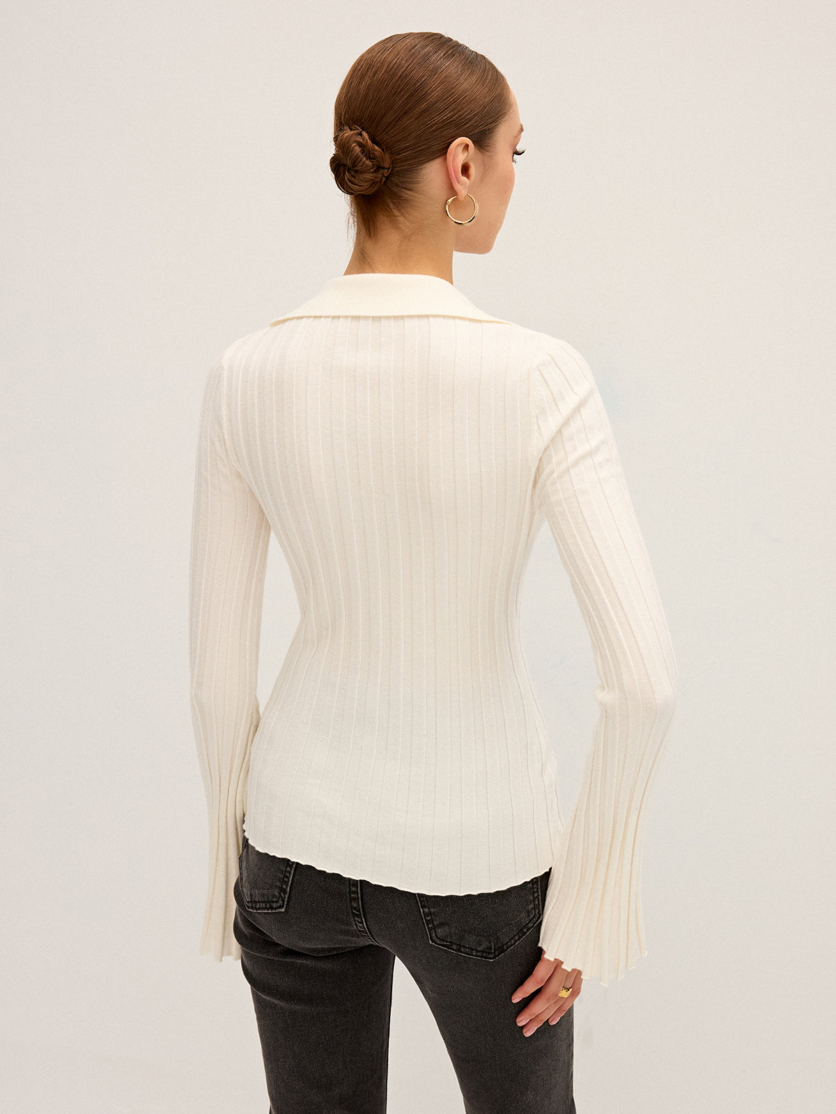 Flared Sleeve Collared Knit Top-Chicvia
