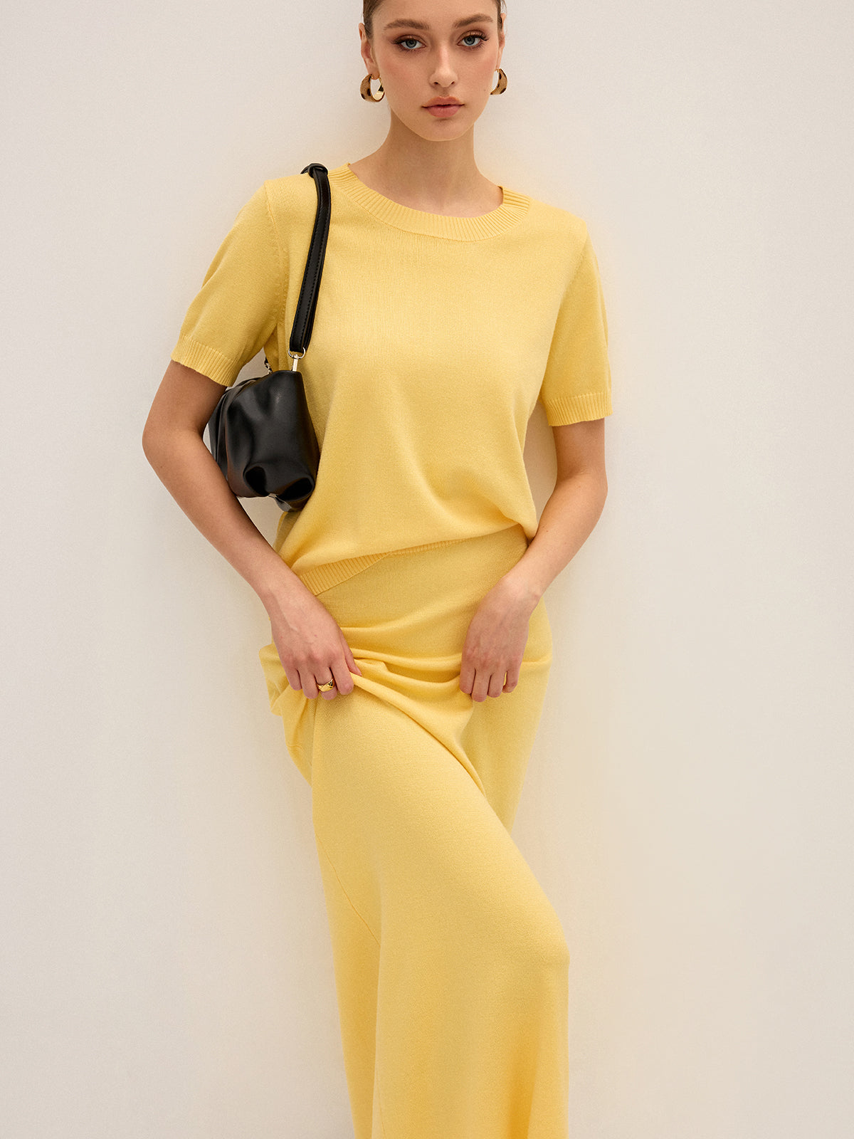 Knitted Short-Sleeve Top and Maxi Skirt Set-Chicvia