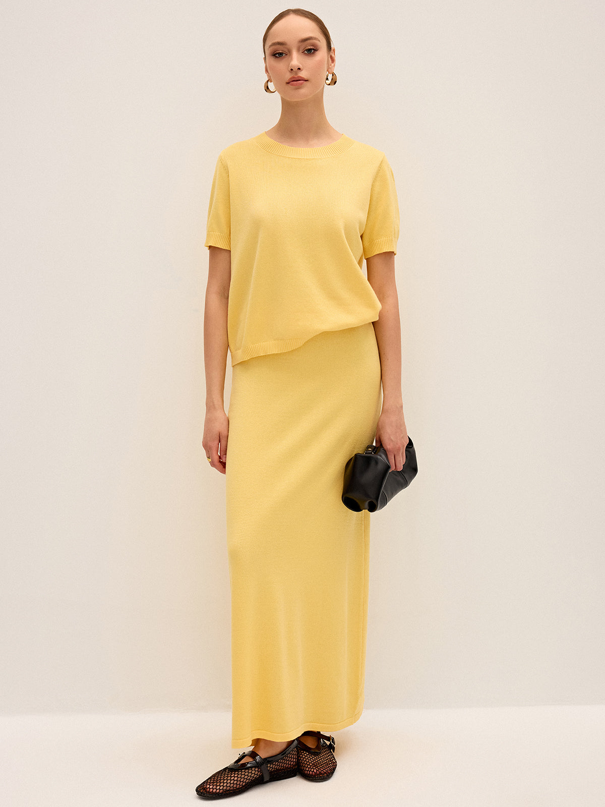 Knitted Short-Sleeve Top and Maxi Skirt Set-Chicvia