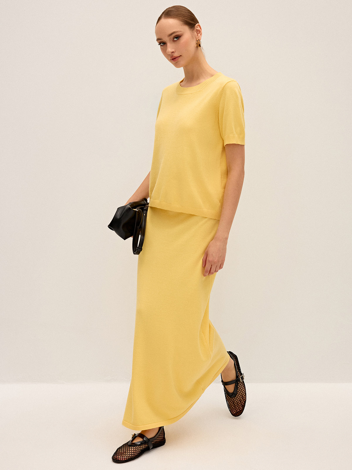 Knitted Short-Sleeve Top and Maxi Skirt Set-Chicvia