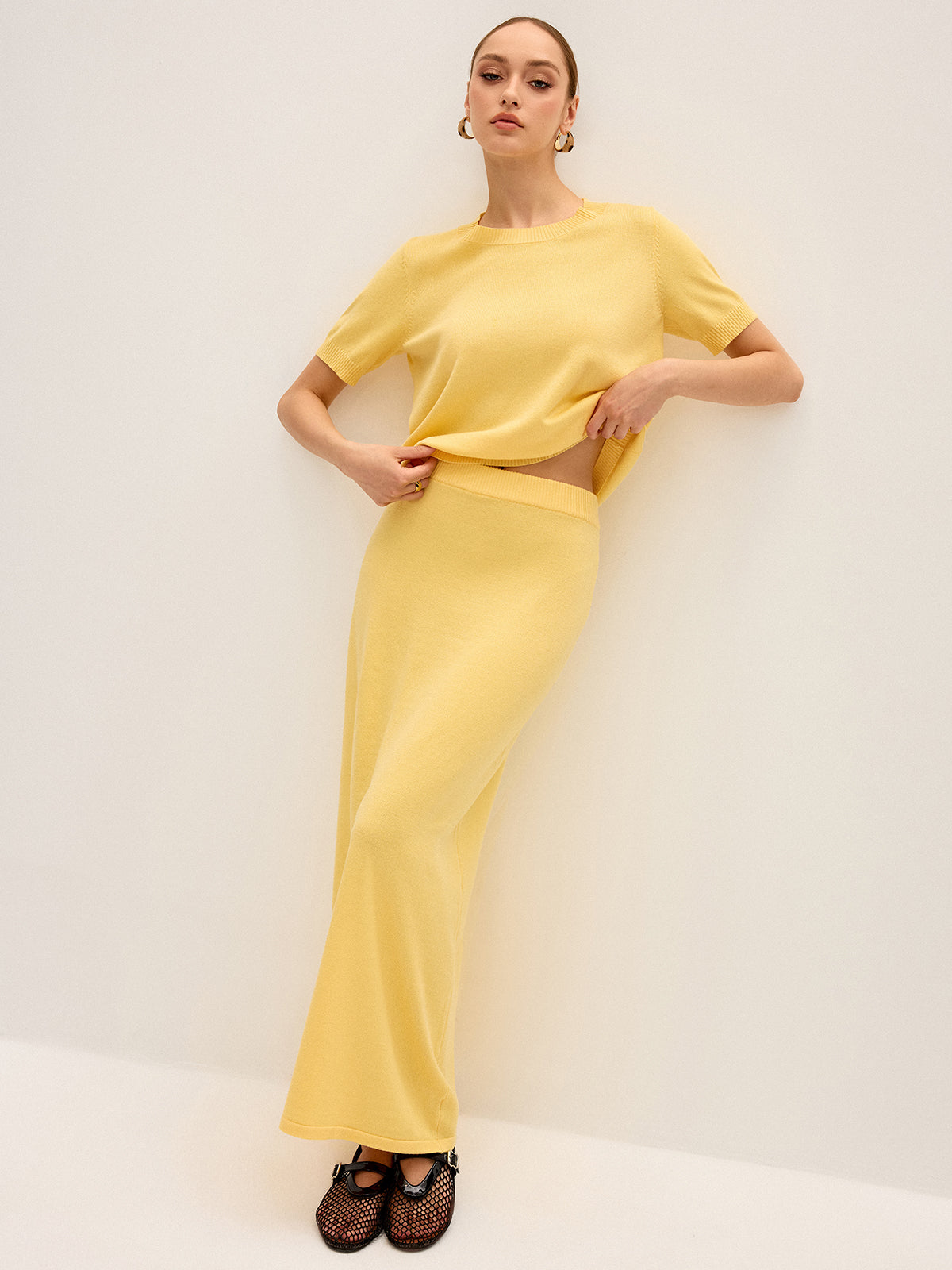 Knitted Short-Sleeve Top and Maxi Skirt Set-Chicvia