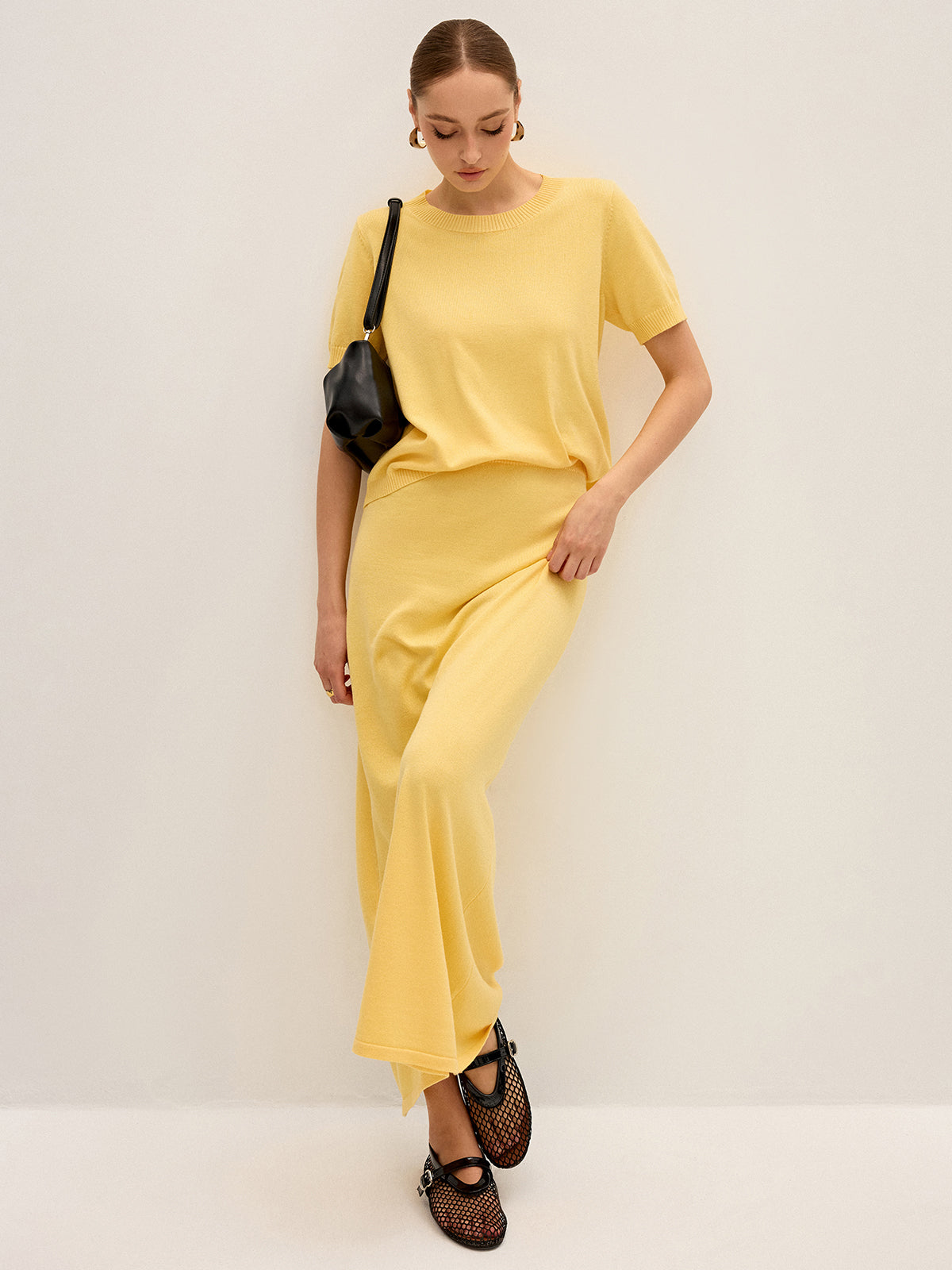 Knitted Short-Sleeve Top and Maxi Skirt Set-Chicvia