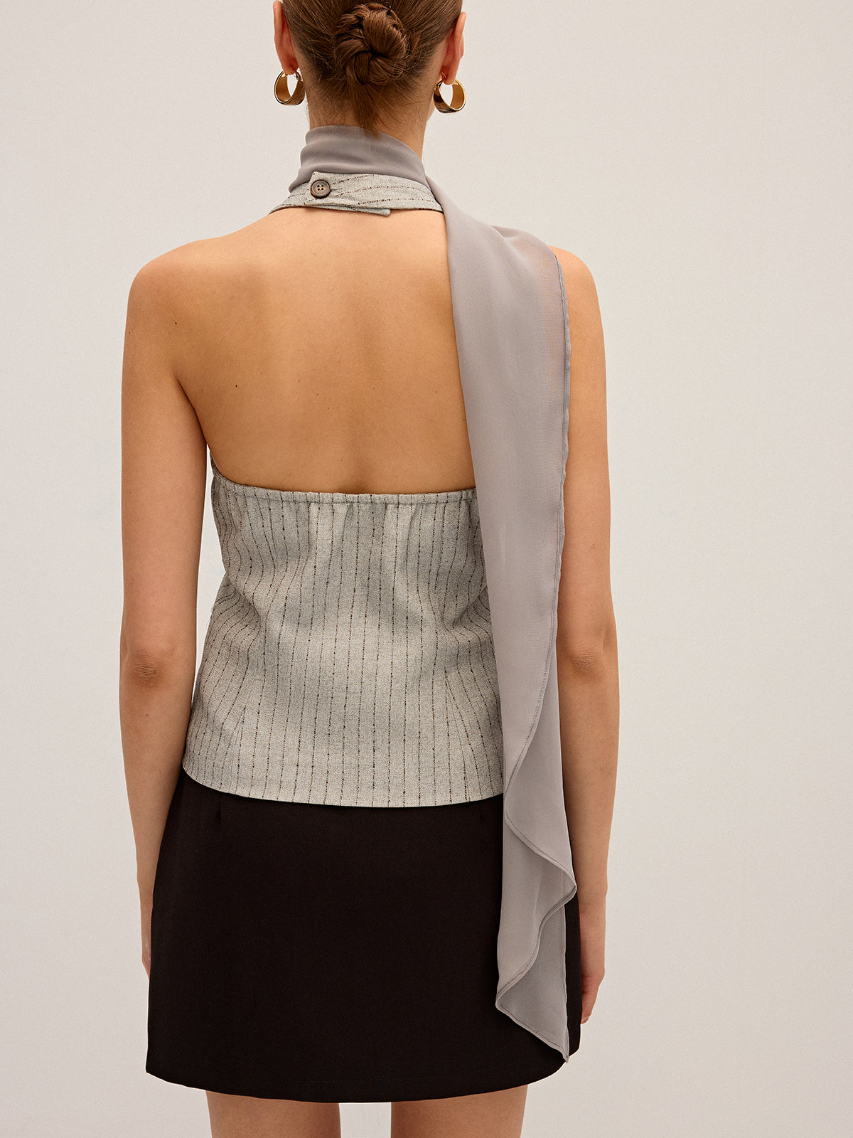 Pinstripe Halter Neck Vest with Chiffon Ribbon Panel-Chicvia