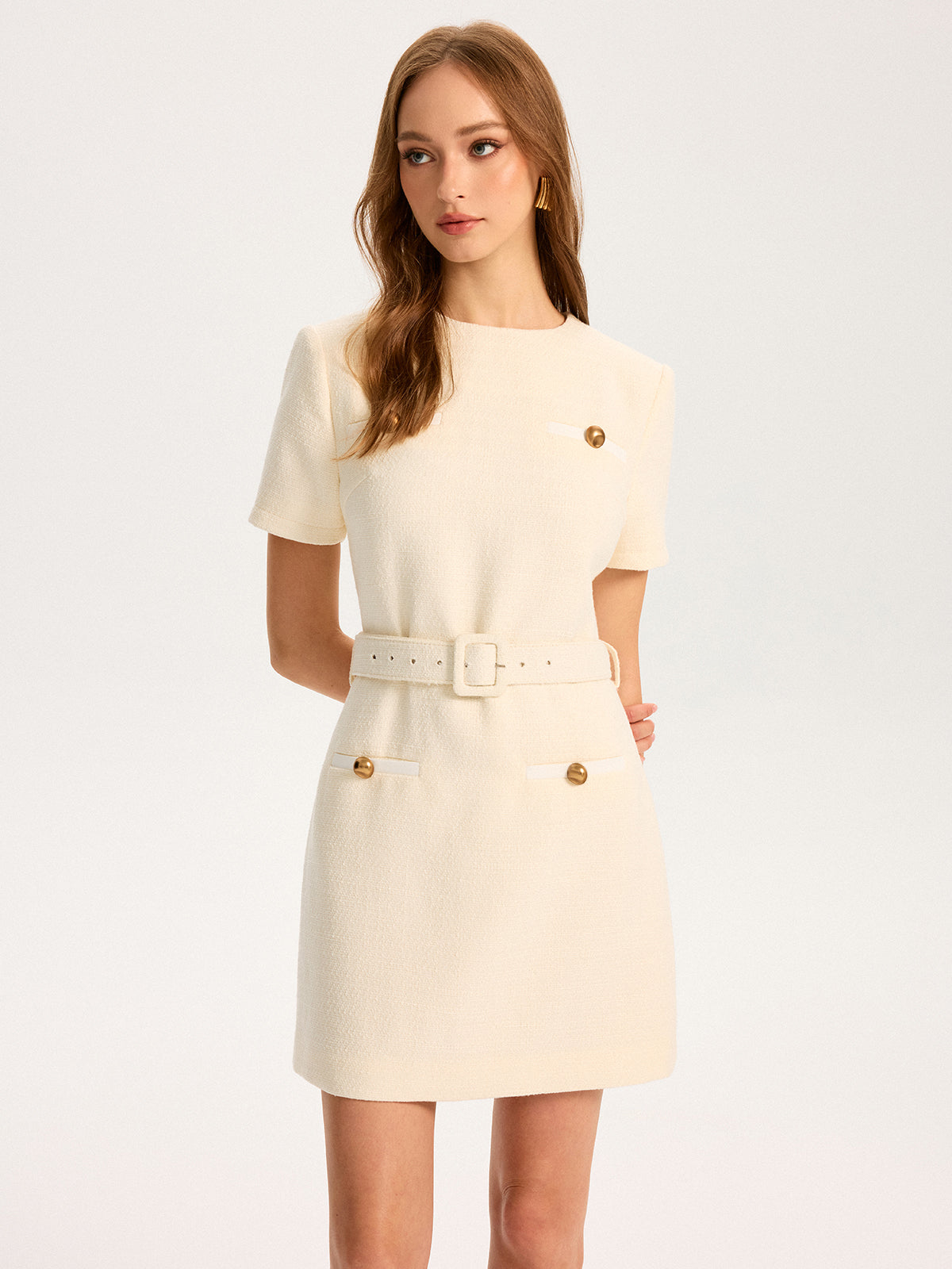 Metal Detail Belted Mini Dress-Chicvia