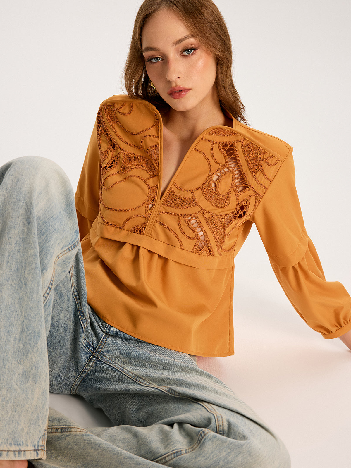 Cut-Out Embroidered Top-Chicvia