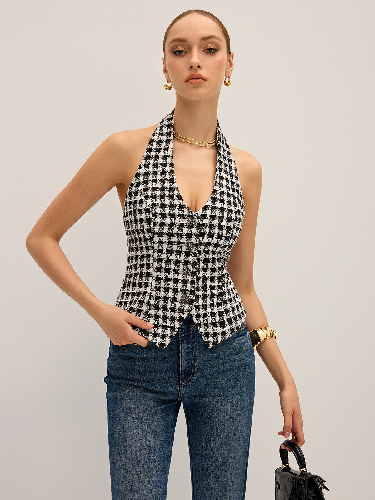 Checkered Halter Neck Vest-Chicvia