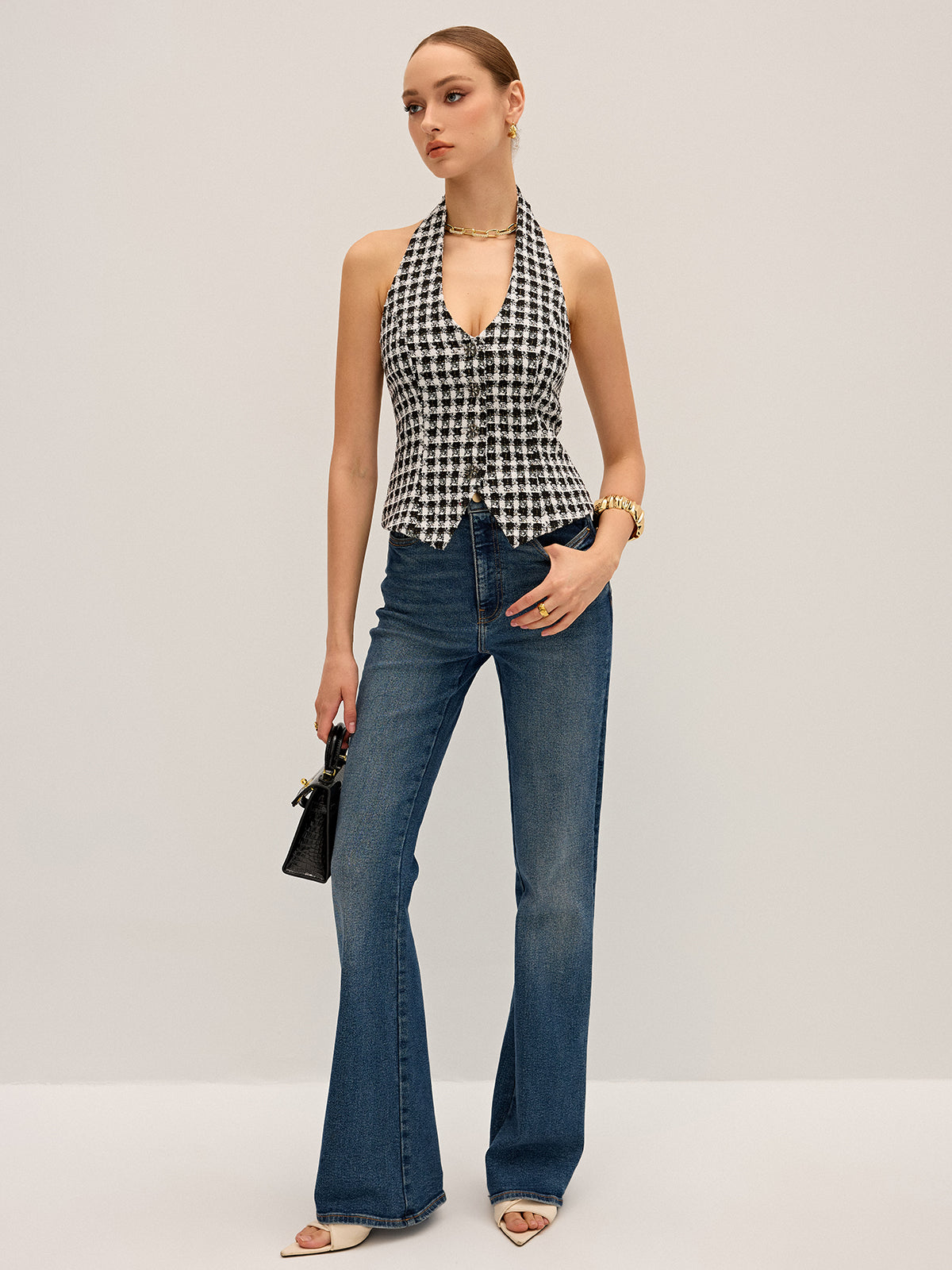 Checkered Halter Neck Vest-Chicvia