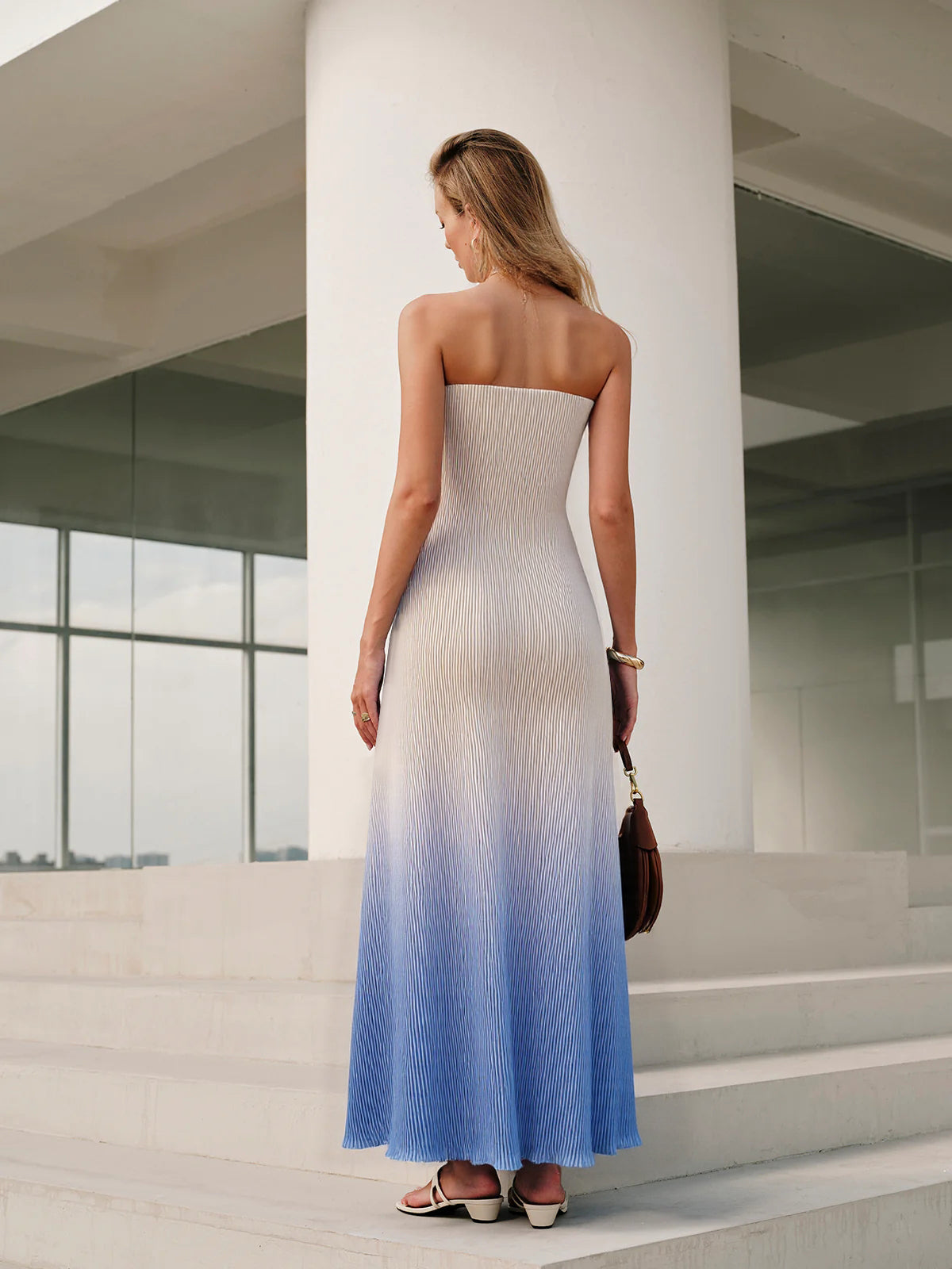 Floral Print Gradient Strapless Pleated Maxi Dress-Chicvia