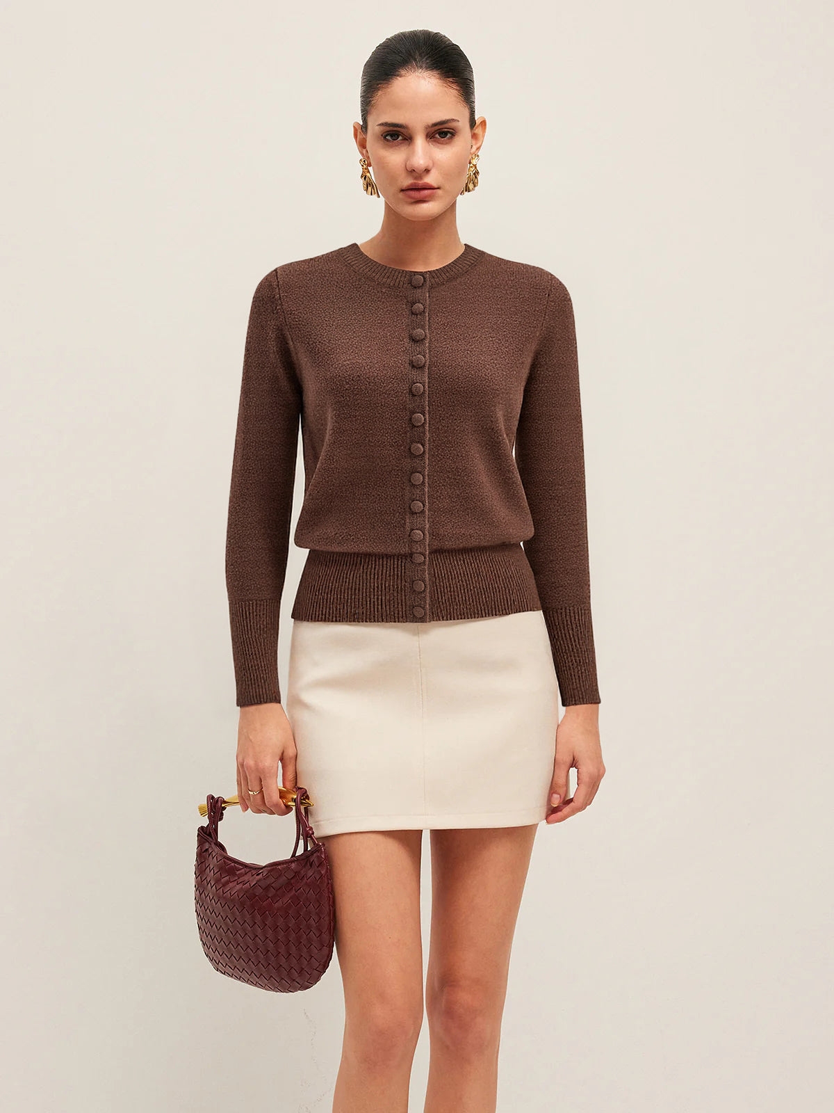 Crew Neck Button-Front Knit Cardigan-Chicvia