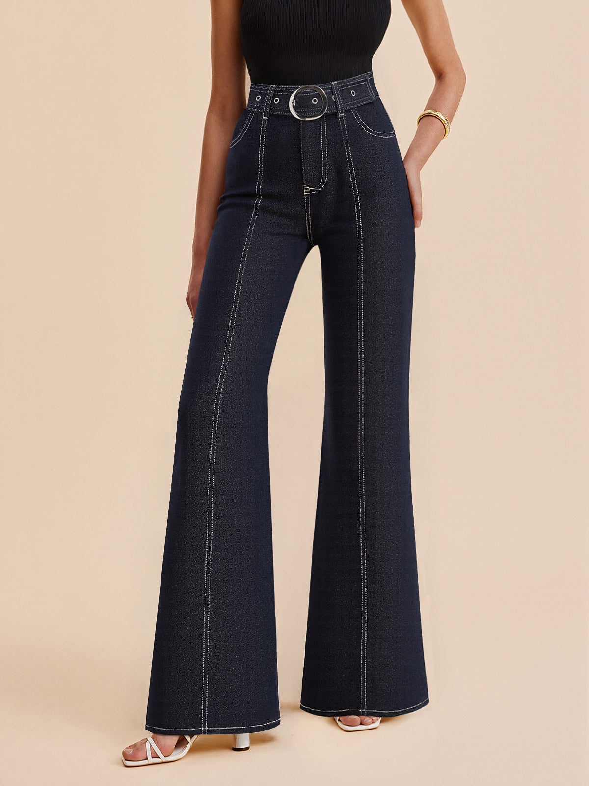Denim Contrast-Stitch Pants with Belt-Chicvia