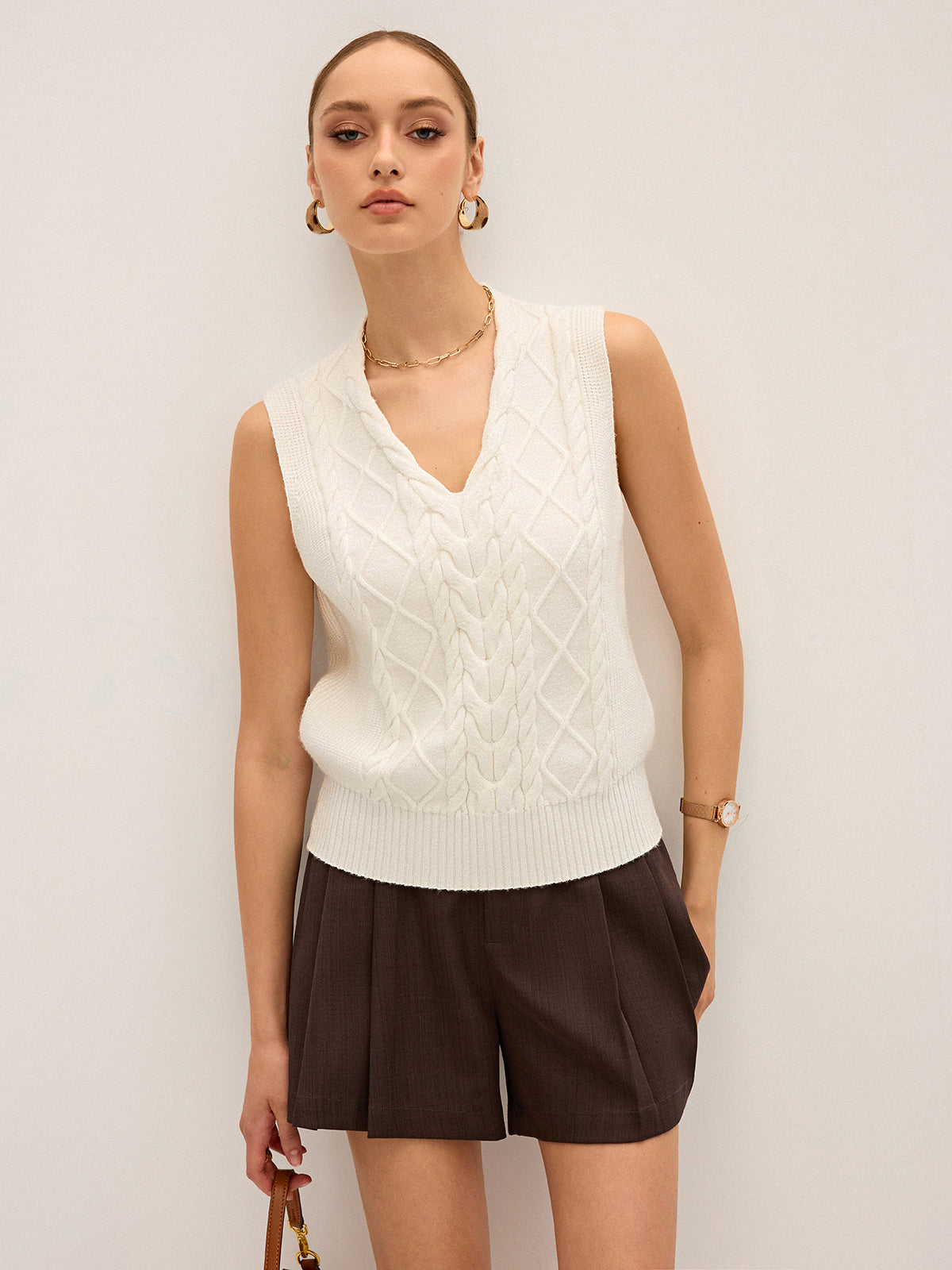 Cable-Knit V-Neck Sweater Vest-Chicvia