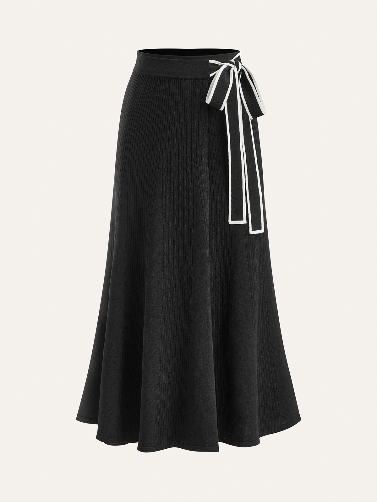Contrast Bow Belt Ribbed Knit Midi Skirt-Chicvia