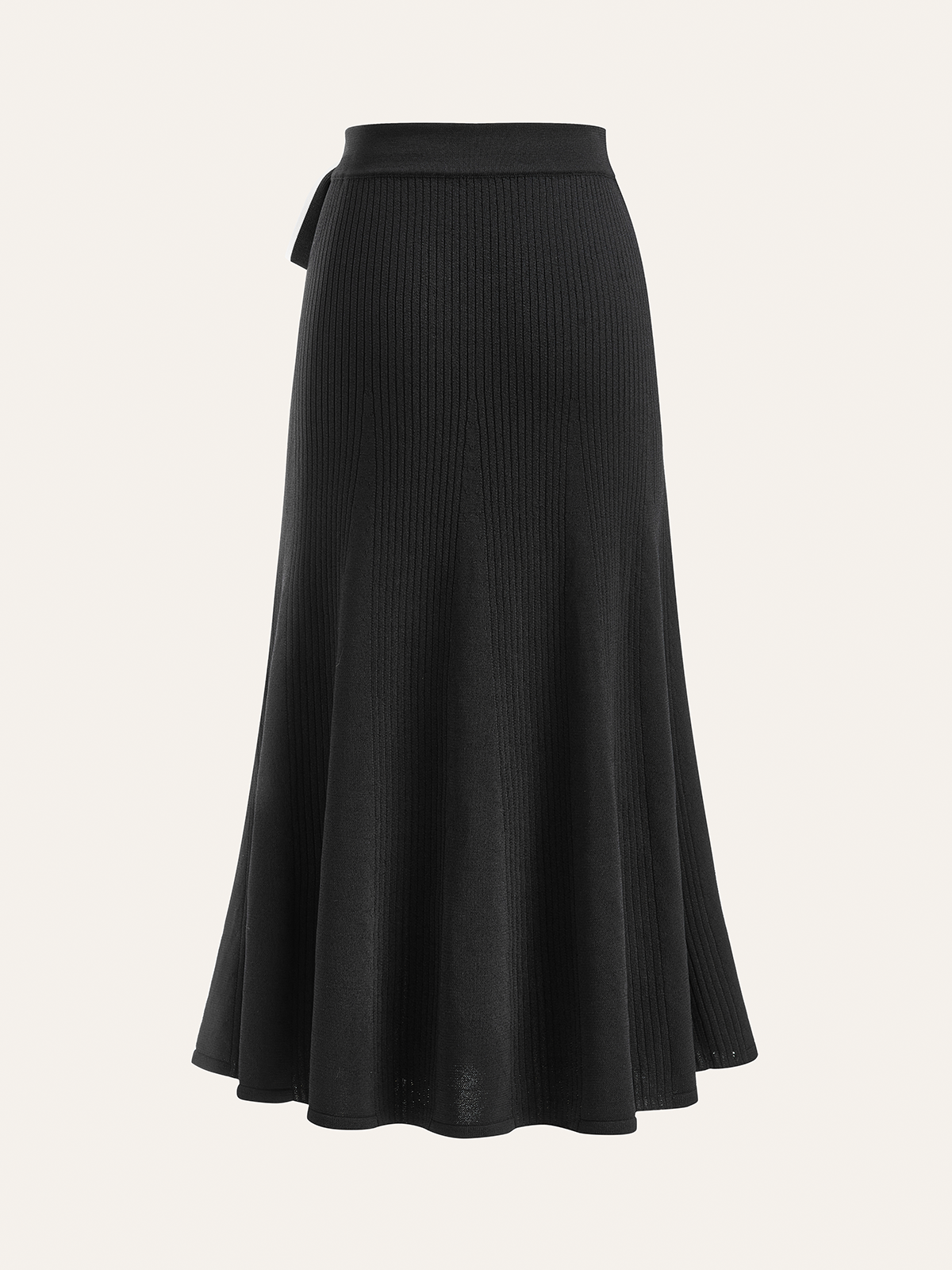 Contrast Bow Belt Ribbed Knit Midi Skirt-Chicvia