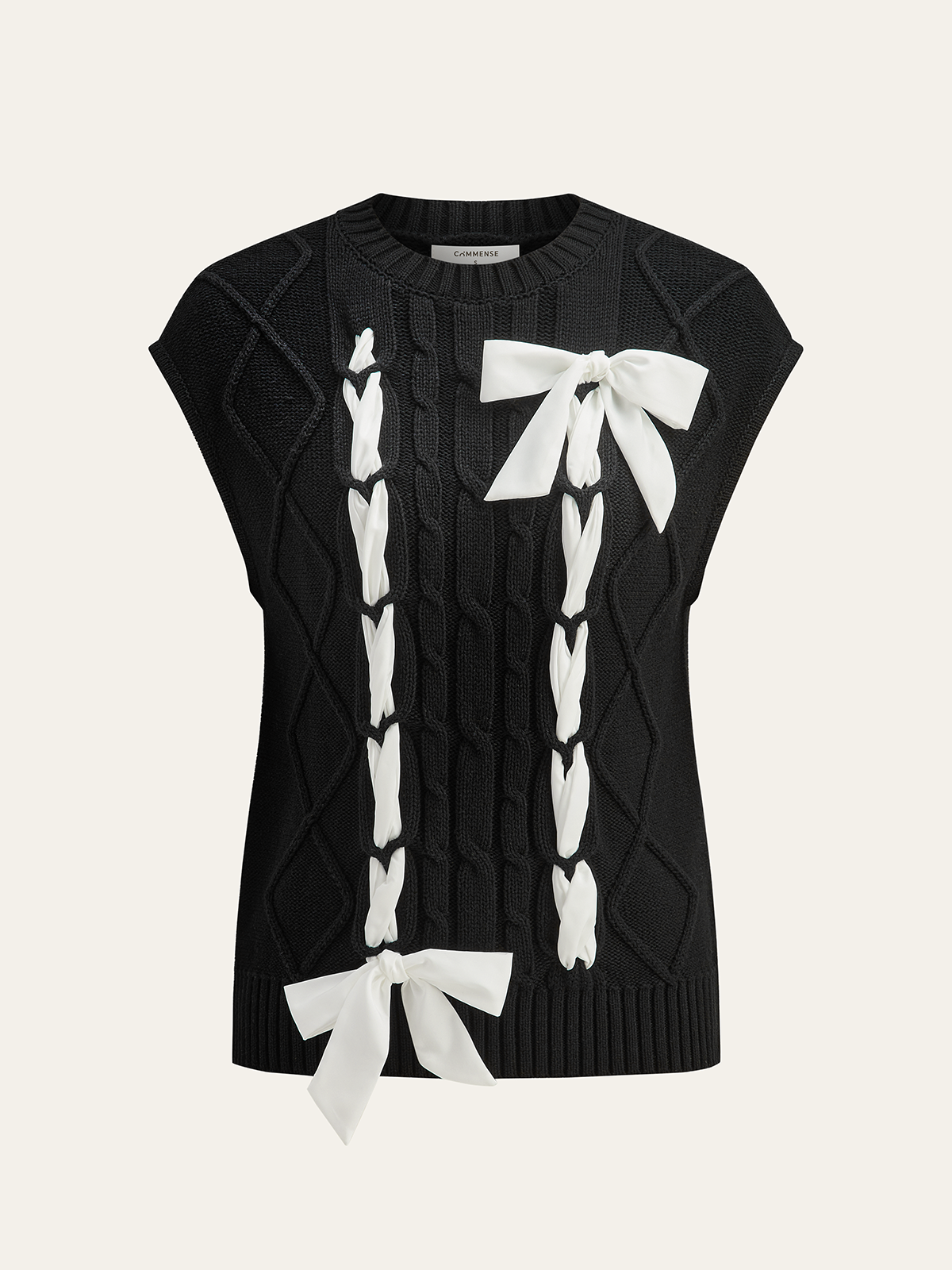 Cable-Knit Bow Cap Sleeve Vest-Chicvia