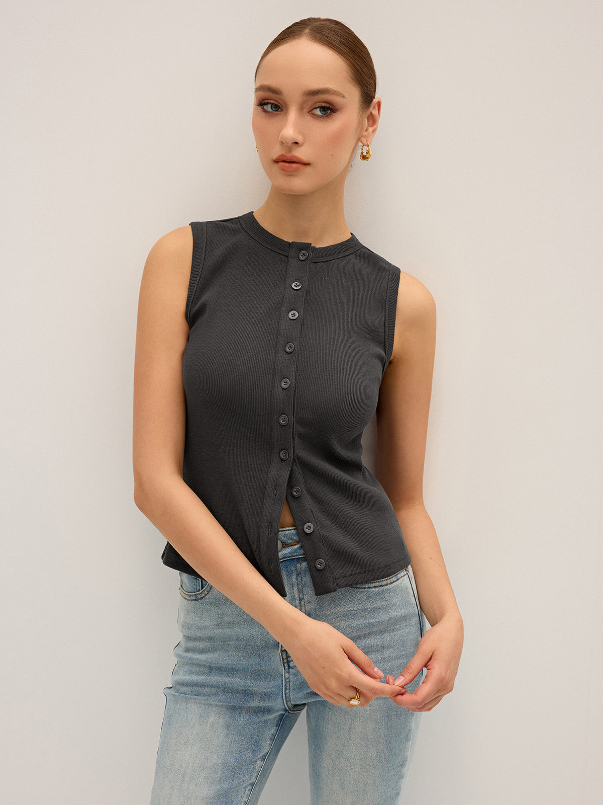 Cotton-Blend Ribbed Button Tank Top-Chicvia