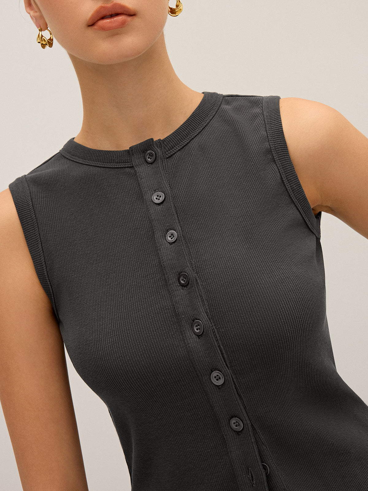 Cotton-Blend Ribbed Button Tank Top-Chicvia