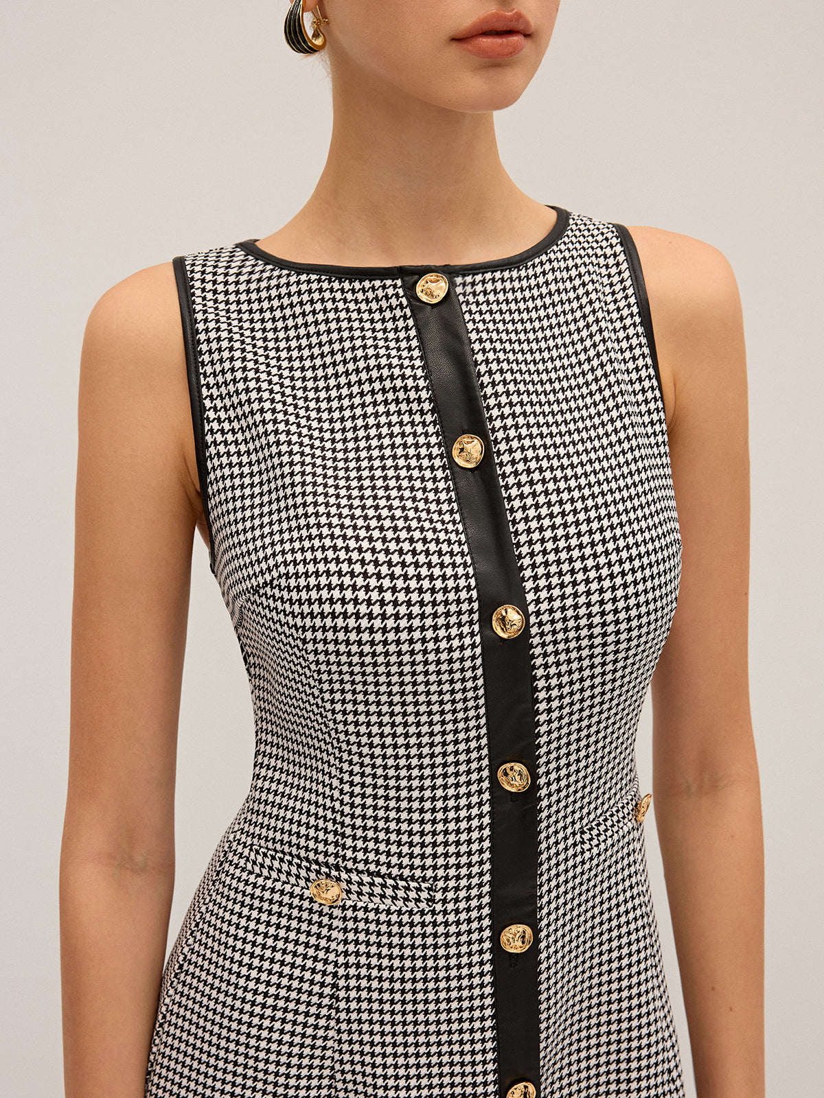 Houndstooth PU Leather Trim Mini Dress-Chicvia