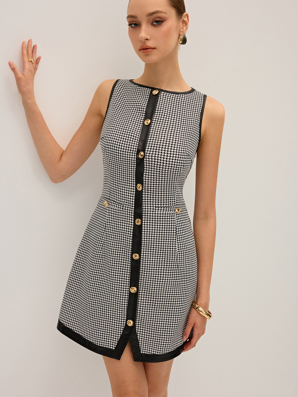 Houndstooth PU Leather Trim Mini Dress-Chicvia