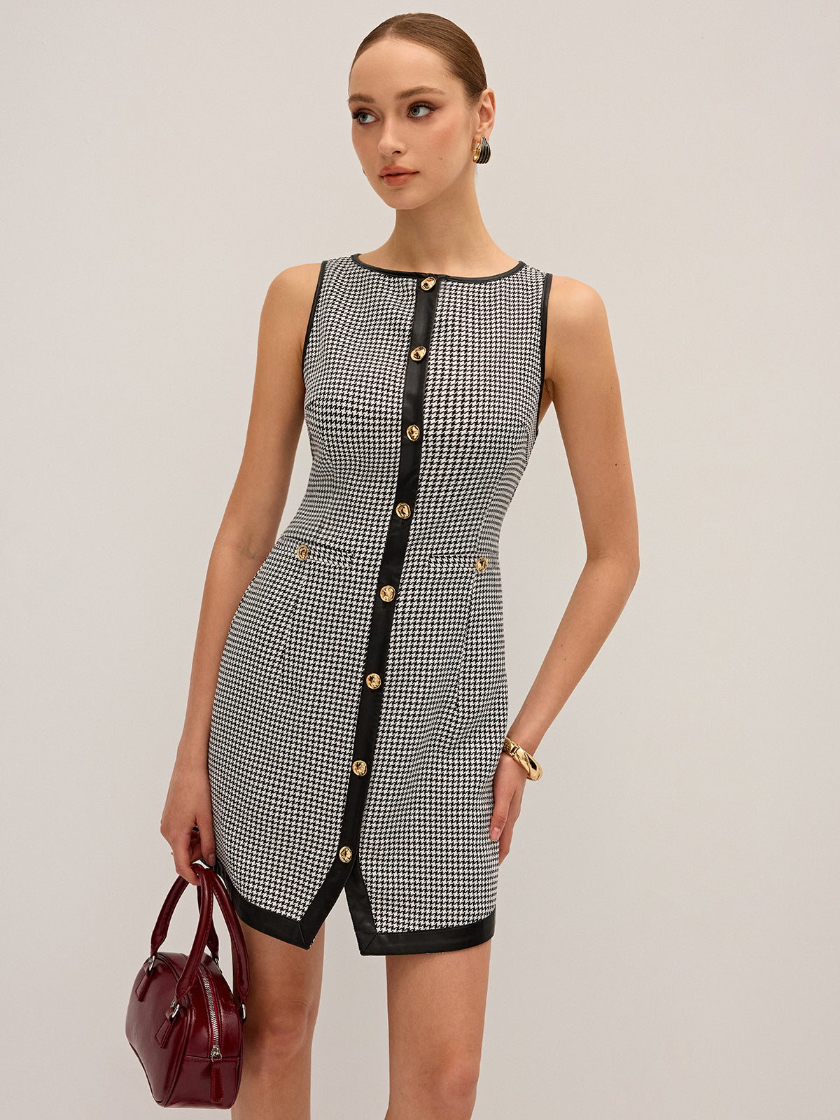 Houndstooth PU Leather Trim Mini Dress-Chicvia