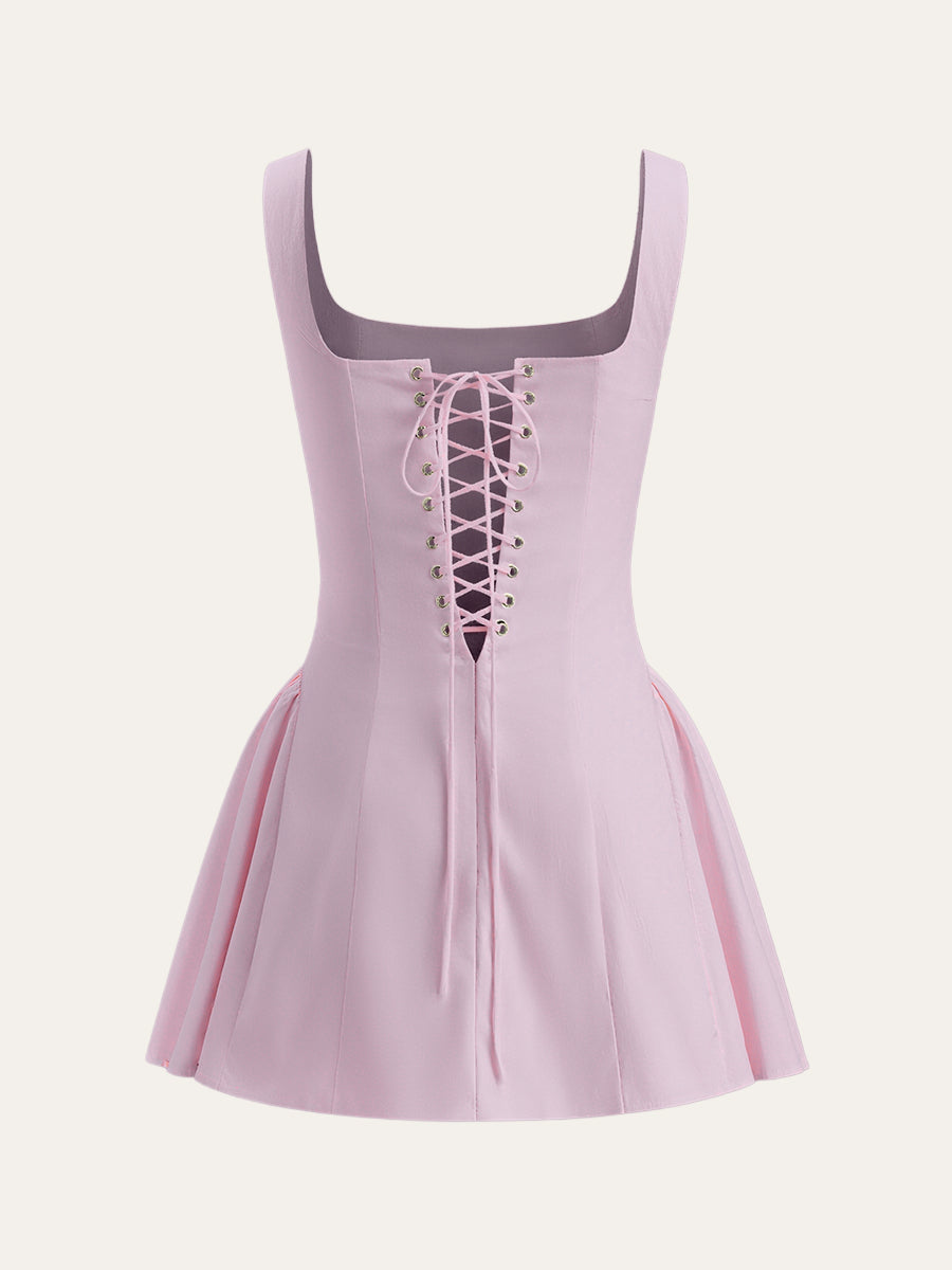 Polka Dot Lace-Up Back Dress-Chicvia