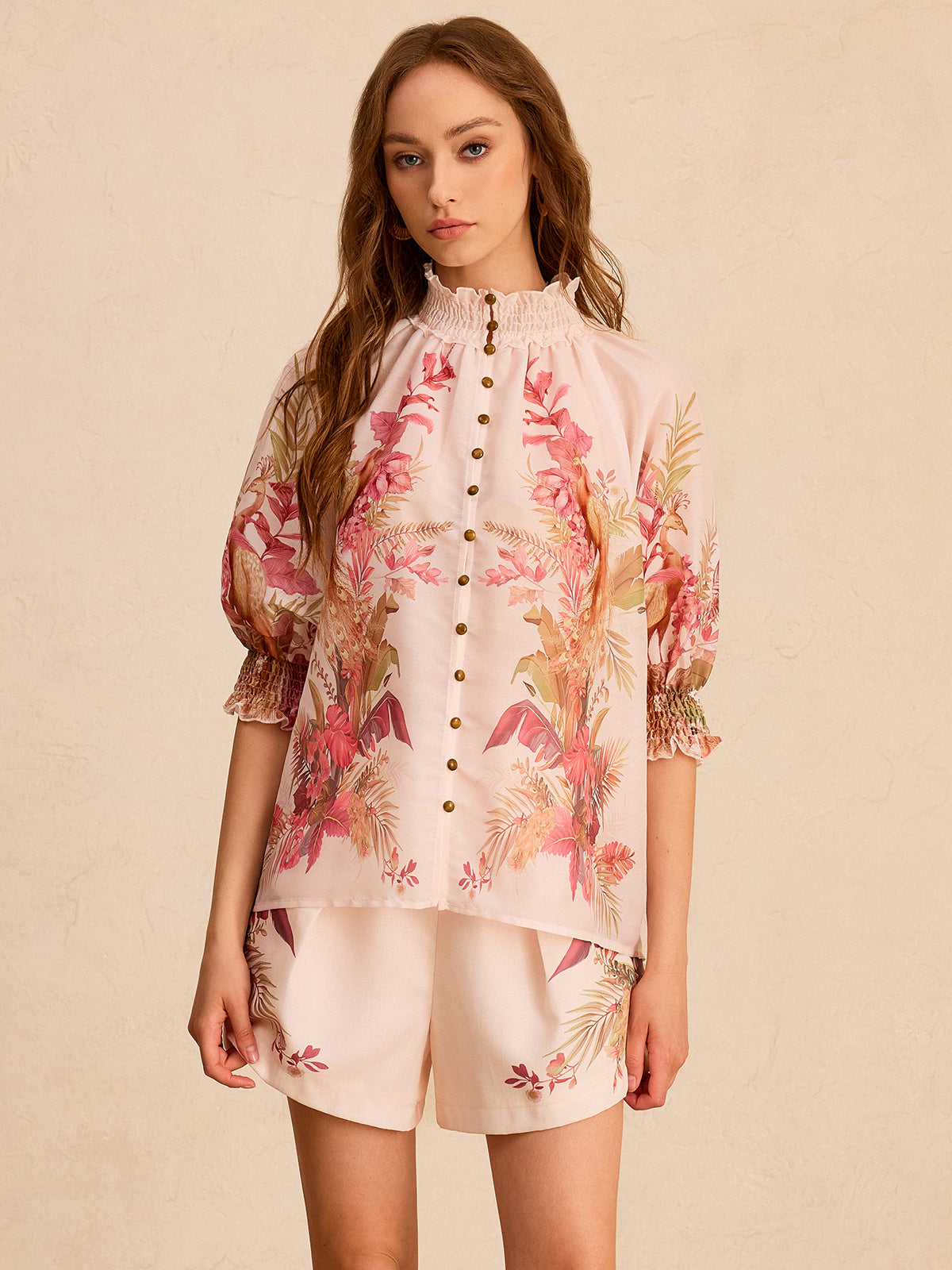 Floral Print Ruffled Mock Neck Blouse-Chicvia