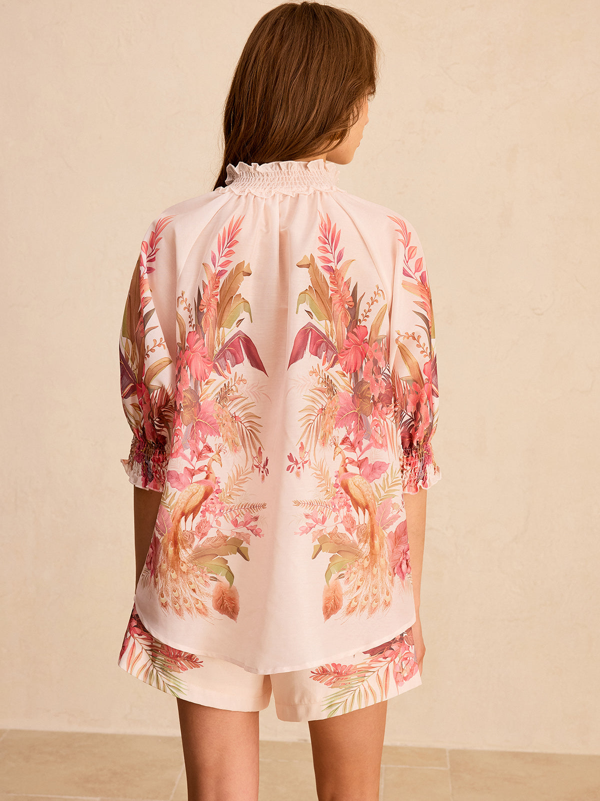 Floral Print Ruffled Mock Neck Blouse-Chicvia