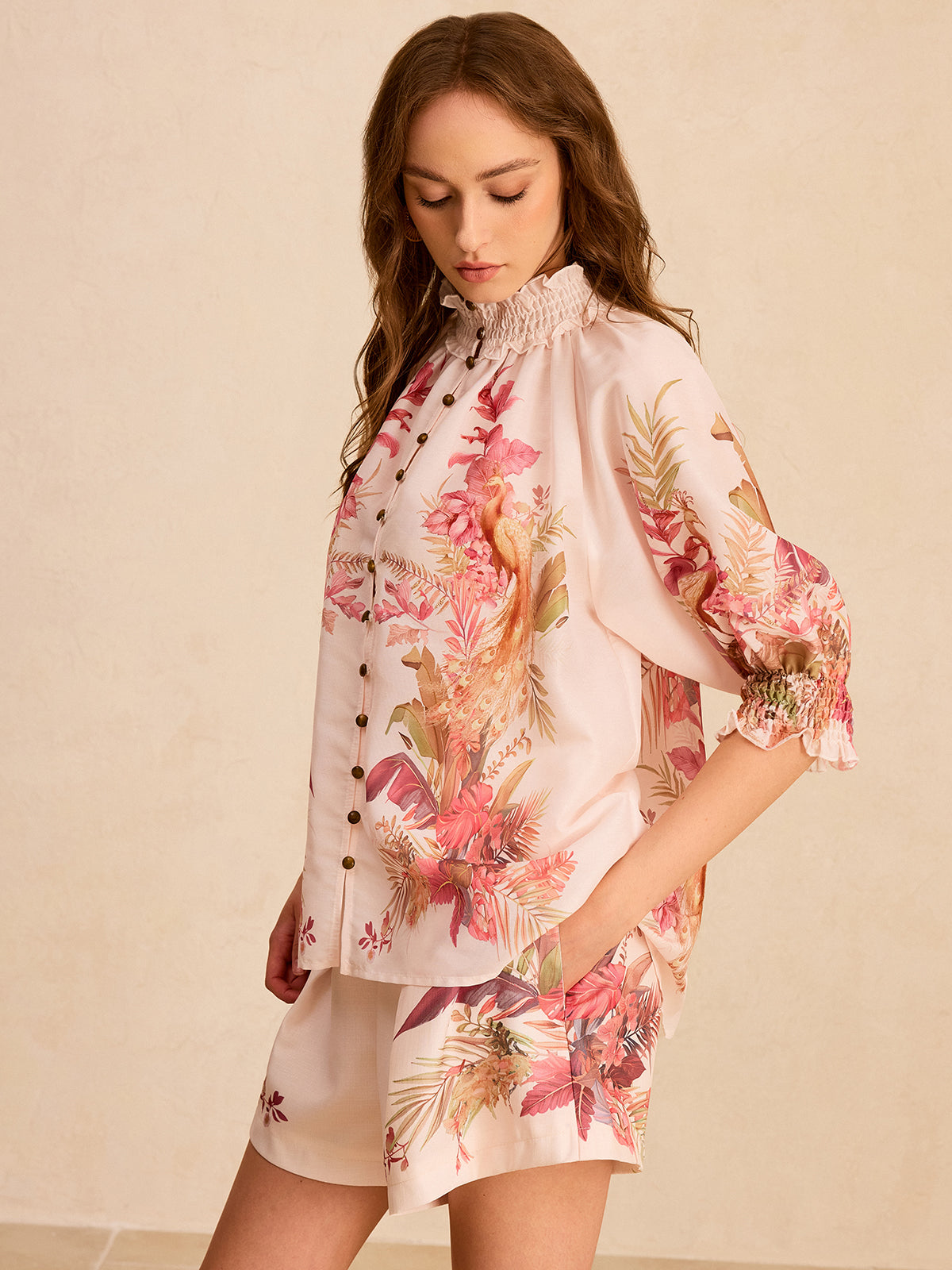 Floral Print Ruffled Mock Neck Blouse-Chicvia