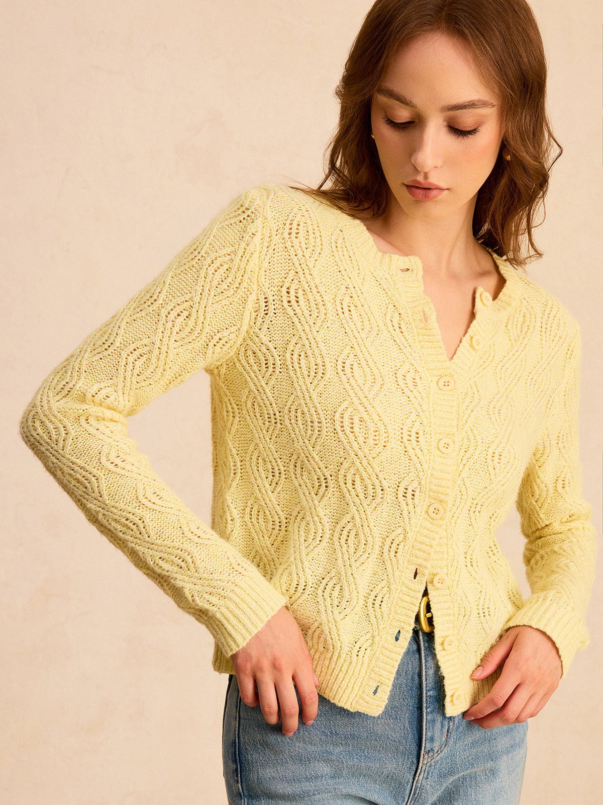 Cable-Knit Button-Front Cardigan-Chicvia