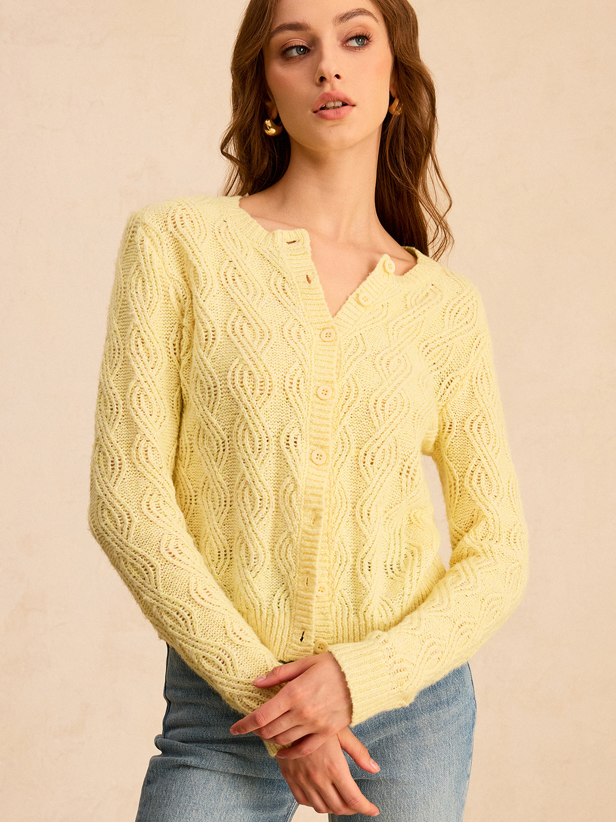 Cable-Knit Button-Front Cardigan-Chicvia