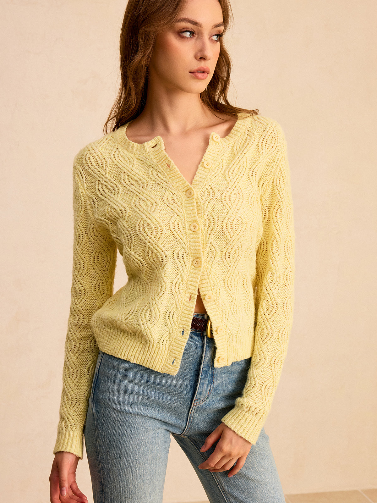 Cable-Knit Button-Front Cardigan-Chicvia