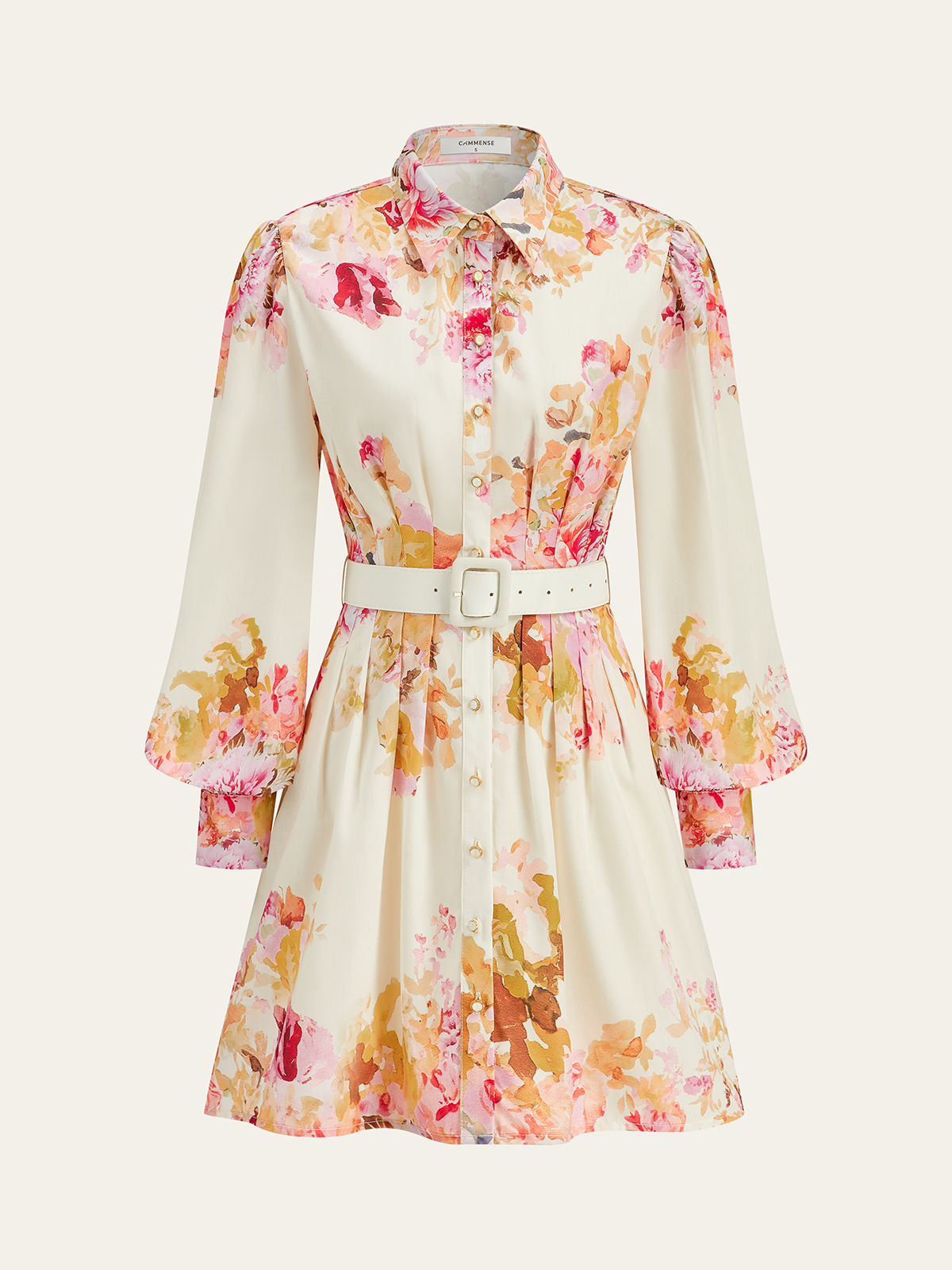 Floral Print Pleated Shirt Dress with Belt-Chicvia
