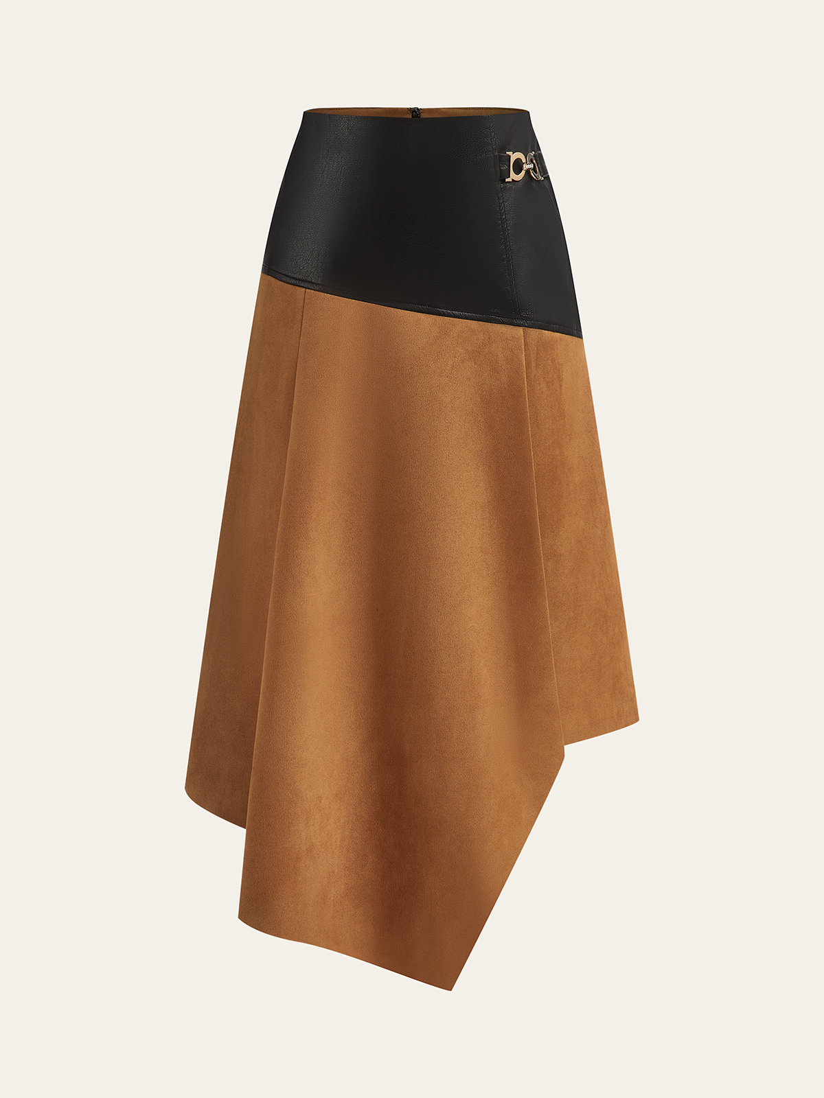 Faux Leather Paneled Suede Effect Asymmetric Midi Skirt-Chicvia
