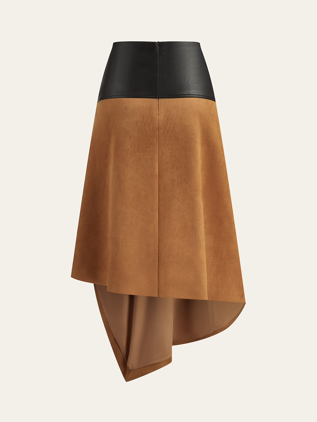 Faux Leather Paneled Suede Effect Asymmetric Midi Skirt-Chicvia