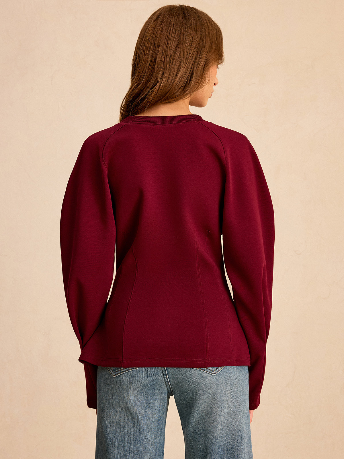 Lantern Sleeve Crew Neck Sweatshirt-Chicvia