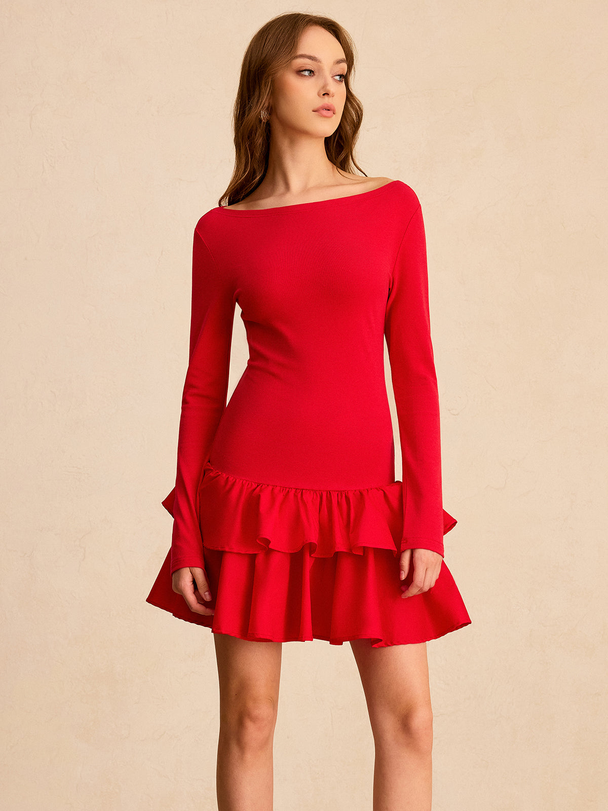 Long Sleeve Tiered Ruffle Mini Dress-Chicvia