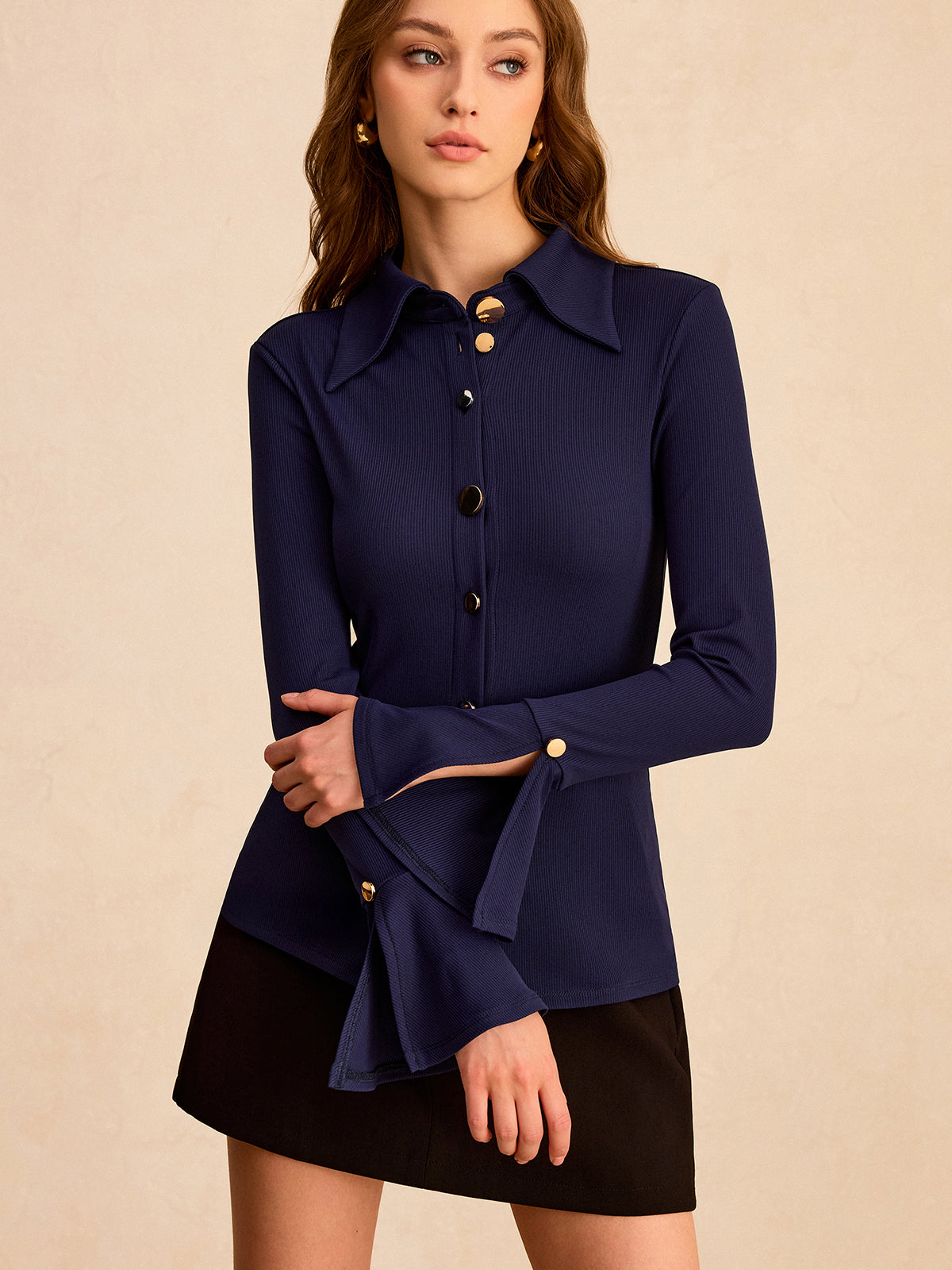 Orbit Button-front Shirt with Flared Sleeve-Chicvia